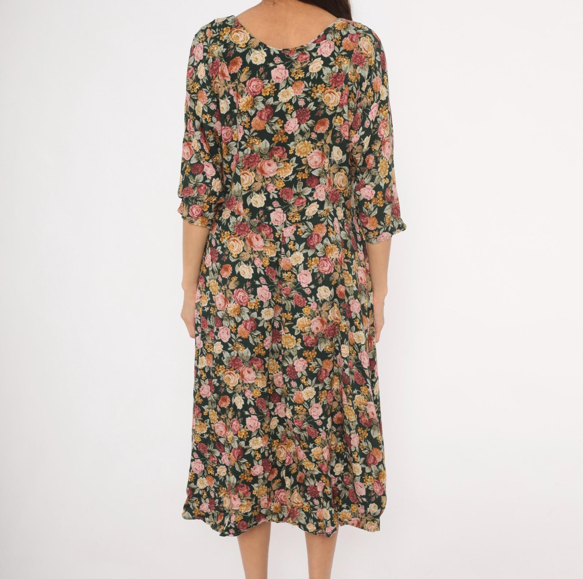 90s Paquette Floral Midi Dress Garden Rose Print Black Pink Burgundy Large L