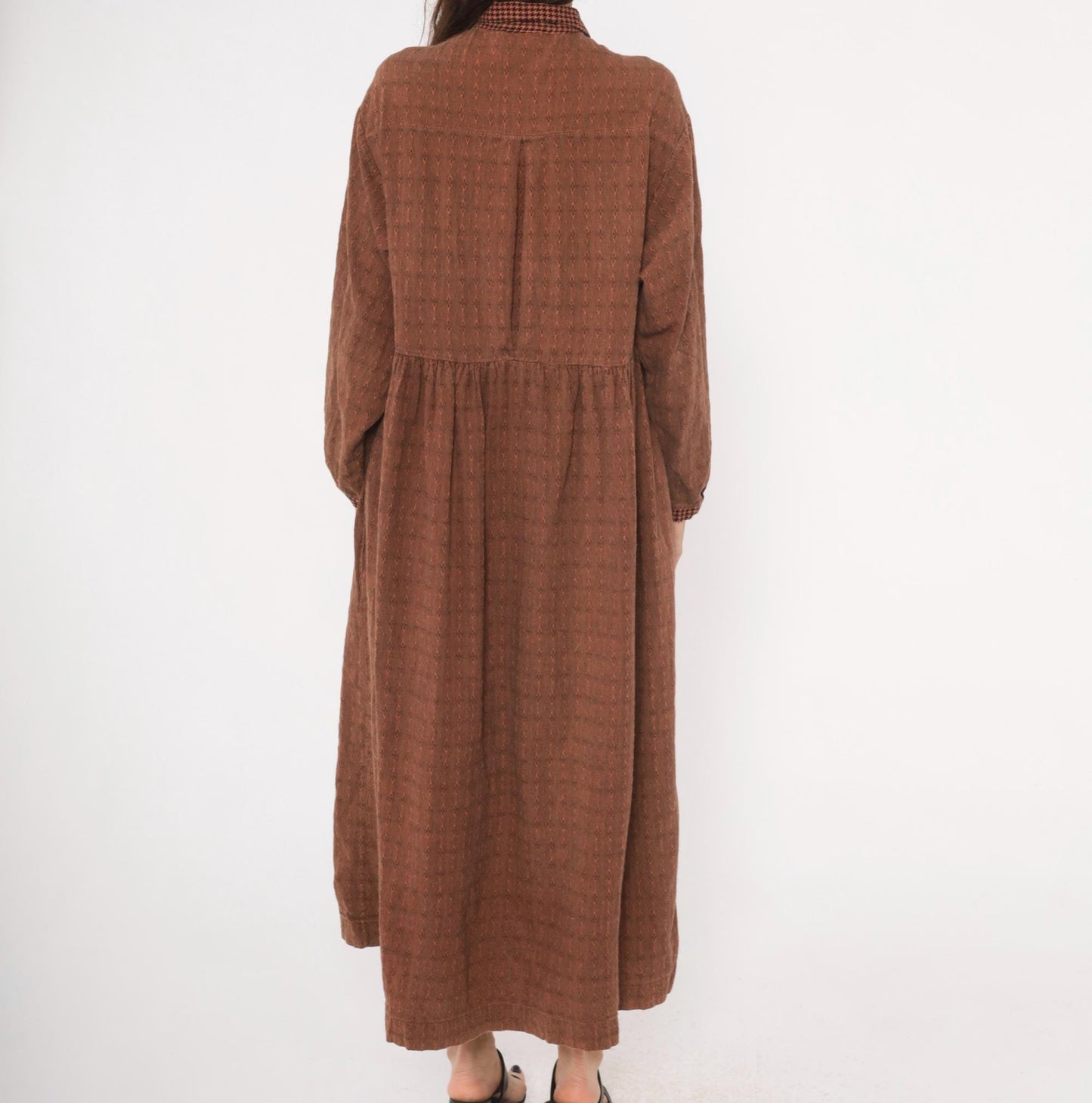 90s No Saint Brown Maxi Shirt Dress Houndstooth Collar Diamond Pattern Medium