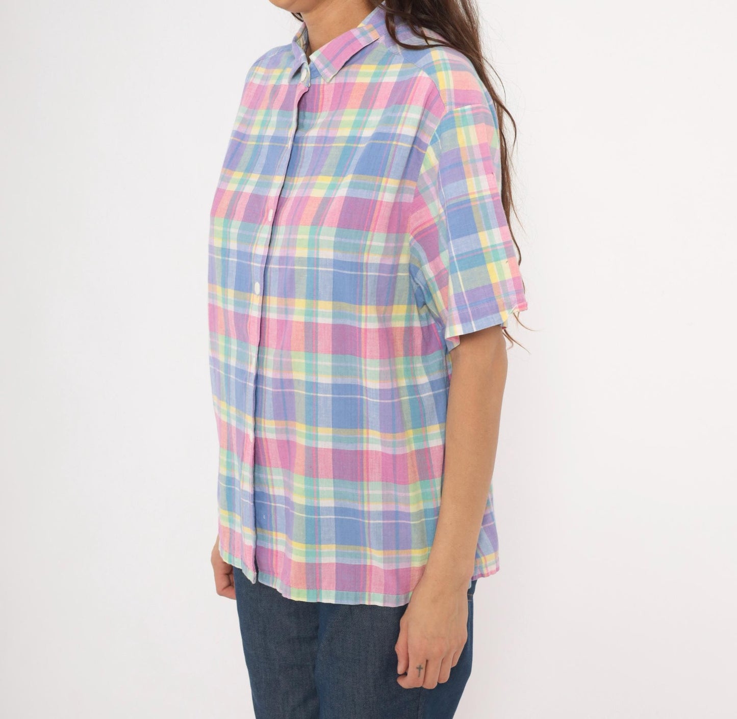80s Jessica Tyler Madras Plaid Button-Up Blouse Pink Lavender Blue Cotton Large L