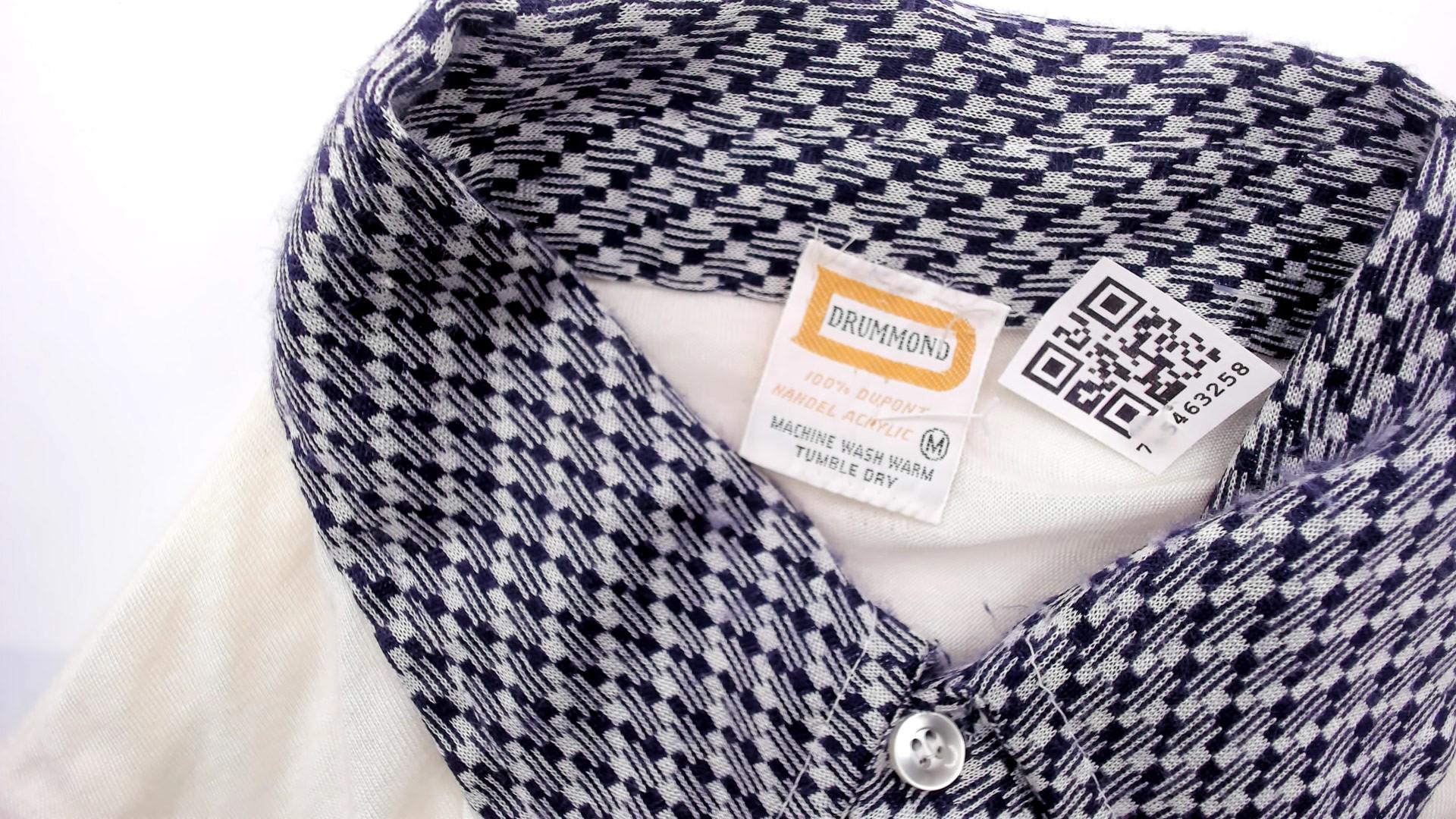 80s Drummond Houndstooth Polo Cream Navy Check Collar Knit Blouse Medium