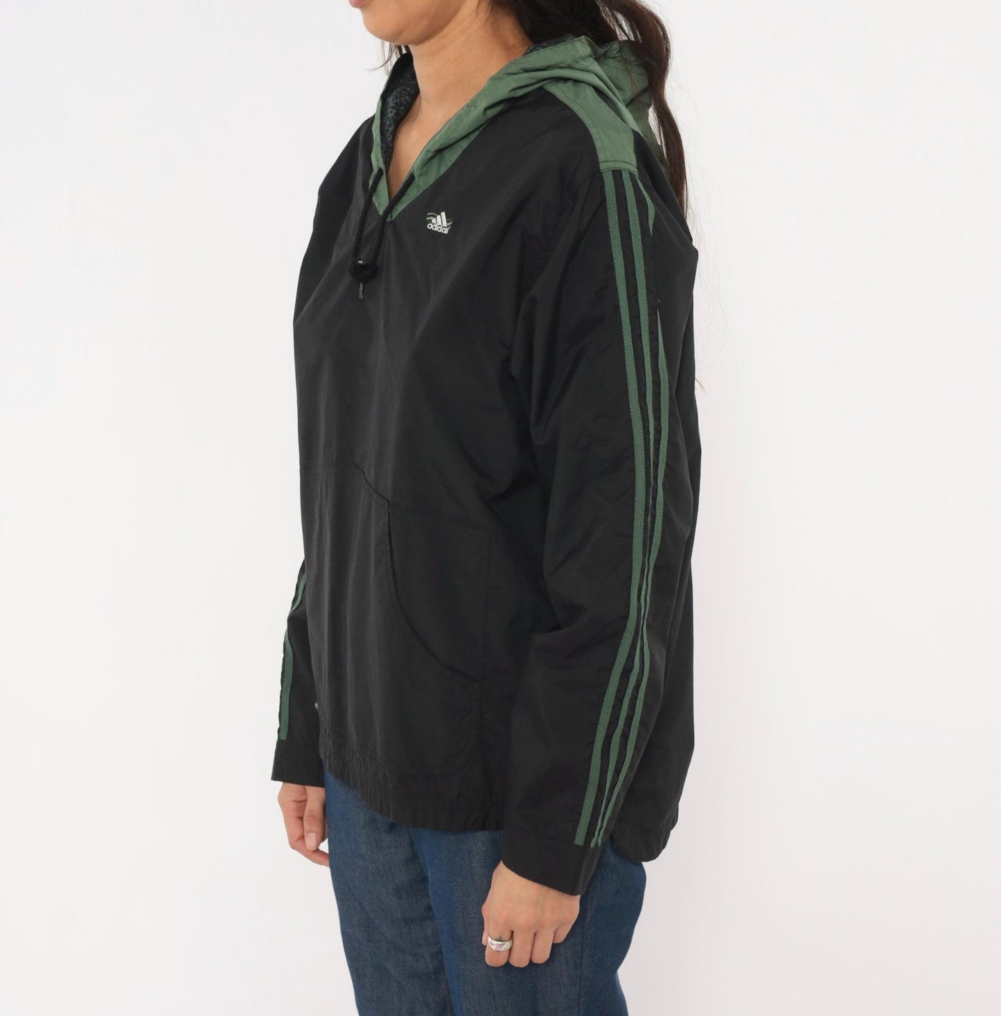 90s Adidas Pullover Windbreaker Black Olive Green Three Stripe Hooded Anorak Large L