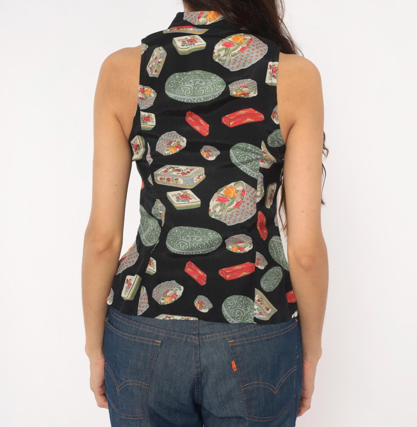 90s Paris Blues Novelty Print Halter Vest Black Green Red Small