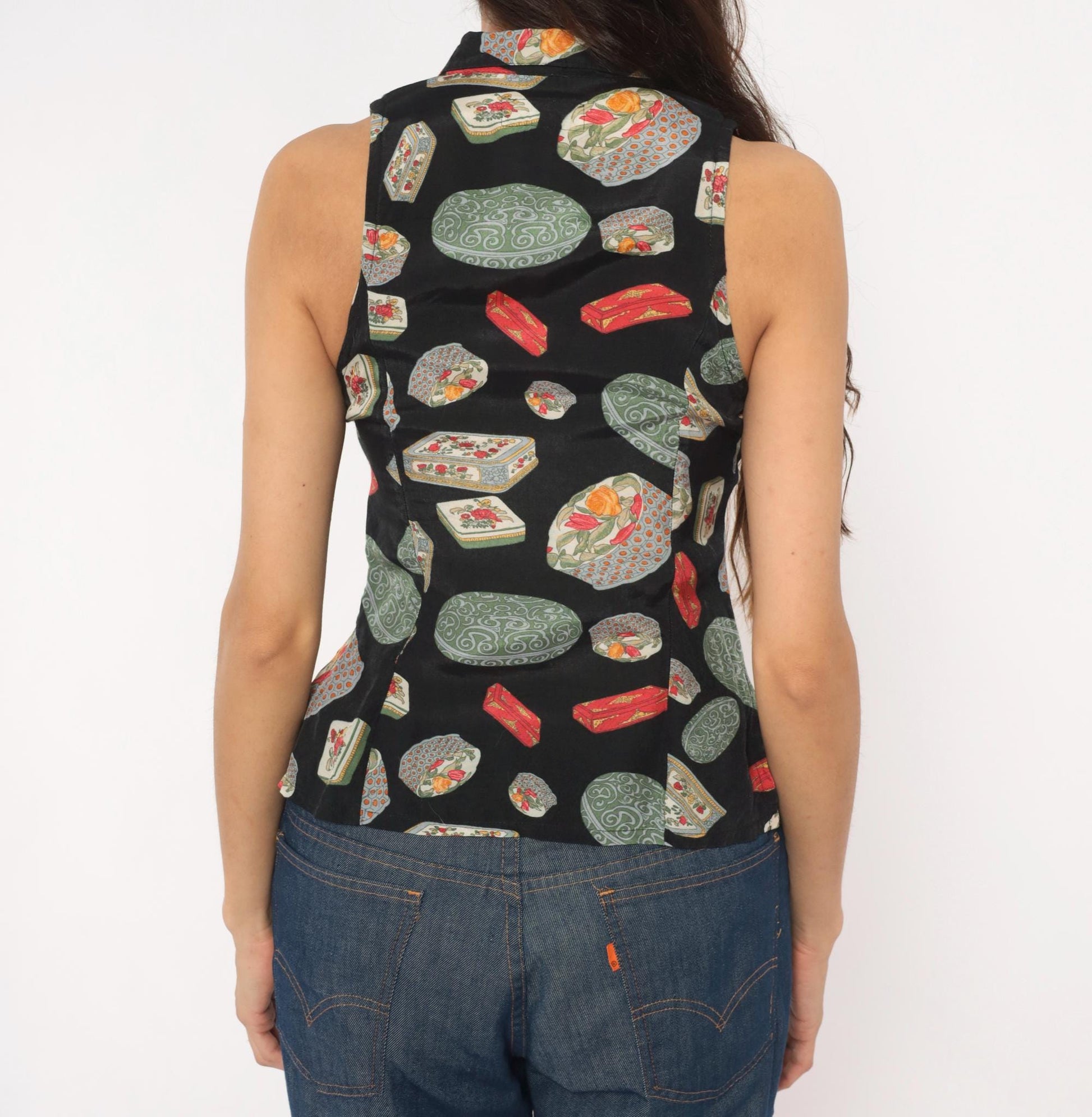 90s Paris Blues Novelty Print Halter Vest Black Green Red Small