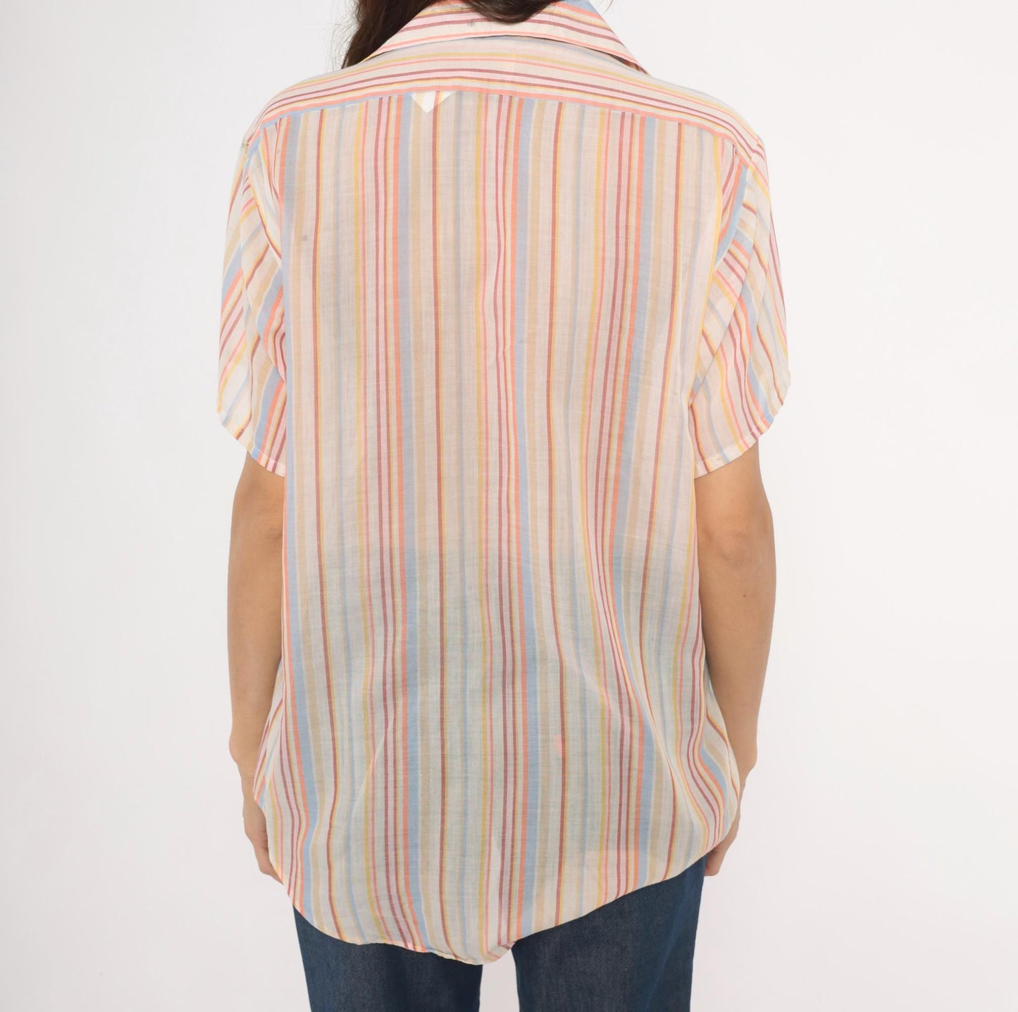 70s Brookdale Striped Camp Shirt Pastel Rainbow Cotton Notched Collar Medium