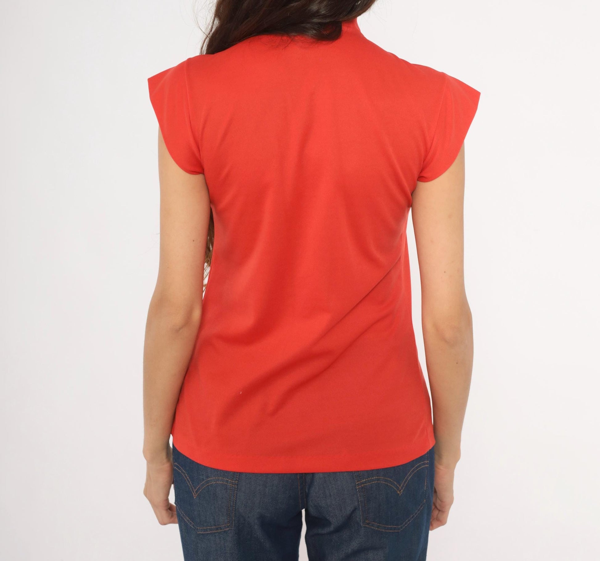 70s Red Bow Neck Blouse Cap Sleeve Button Front Polyester Small S