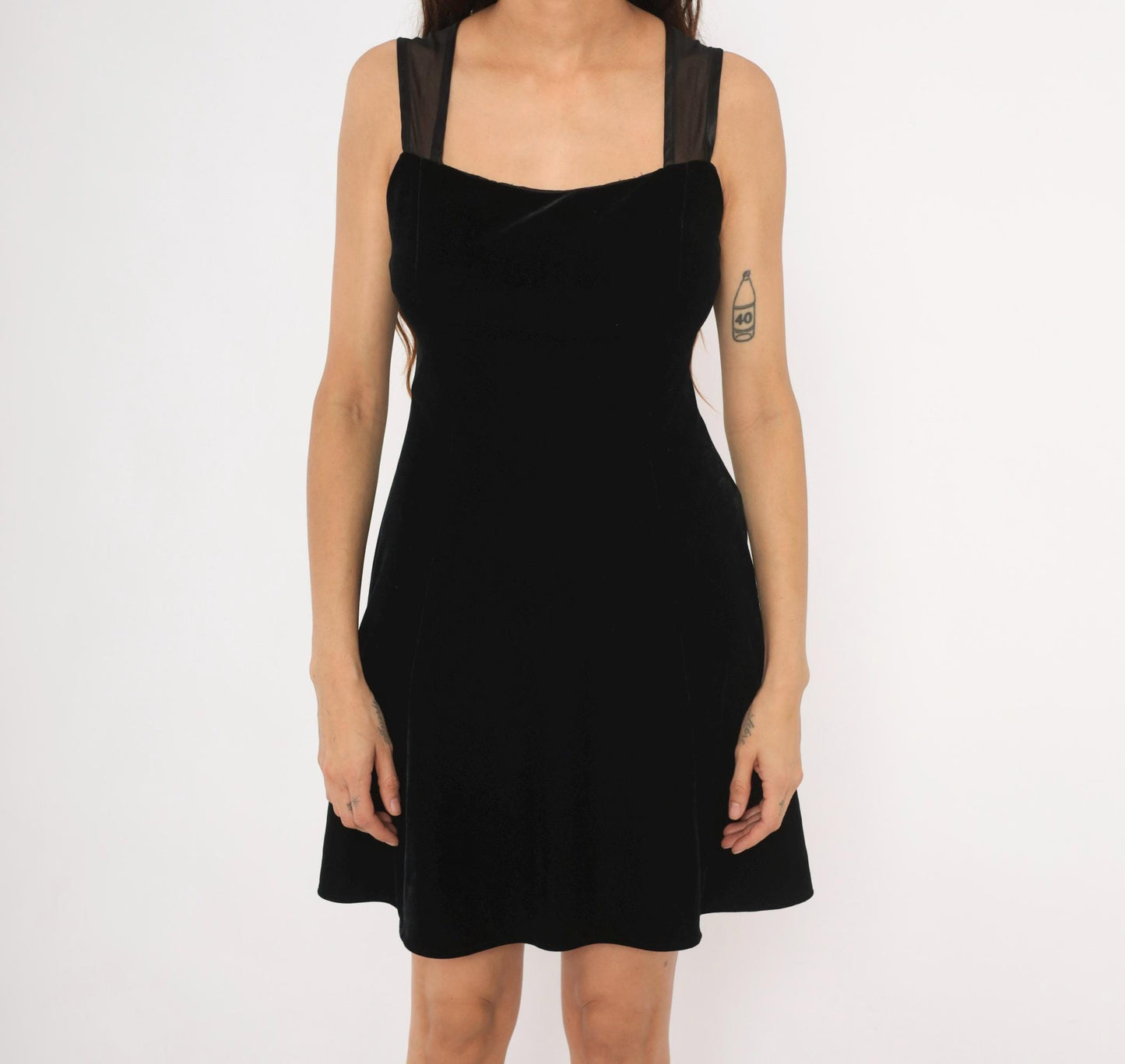 90s Betsy and Adam Black Velvet Mini Dress Sweetheart Neckline Mesh Back Medium M