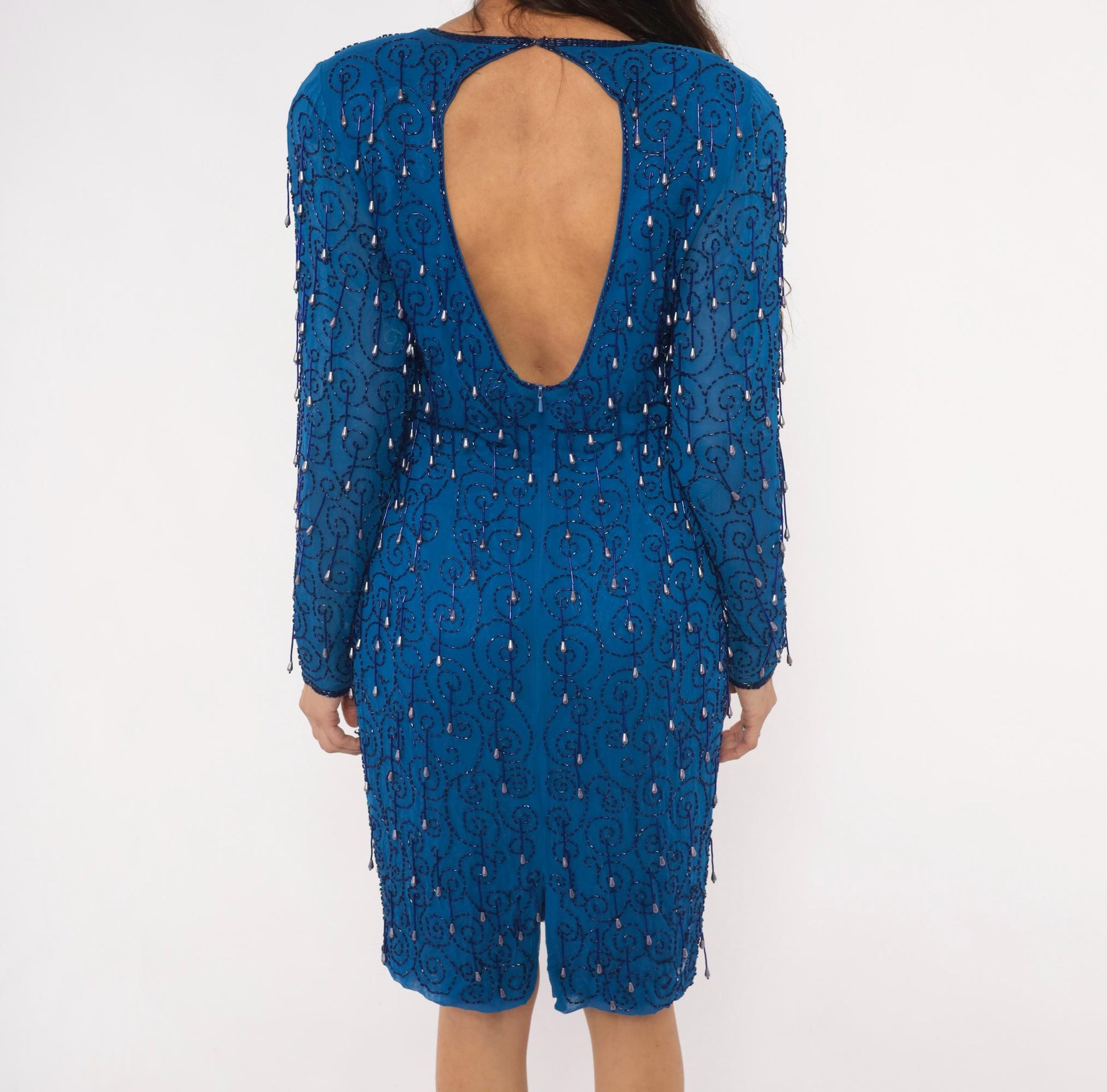 90s Cobalt Blue Beaded Knee-Length Dress Open Back Long Sleeve Large L