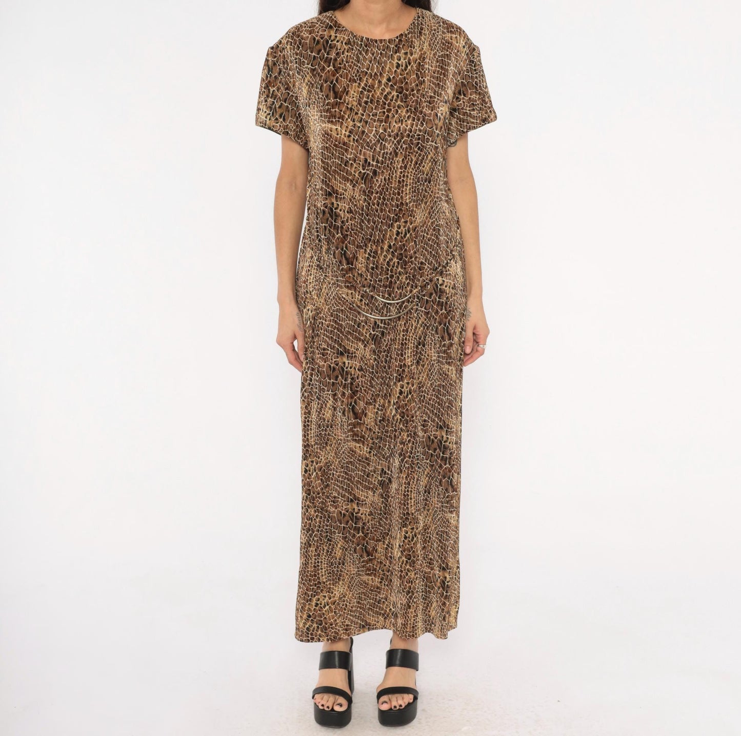 90s Scarlett Snakeskin Maxi Dress Brown Tan Black Animal Print Shift Extra Large