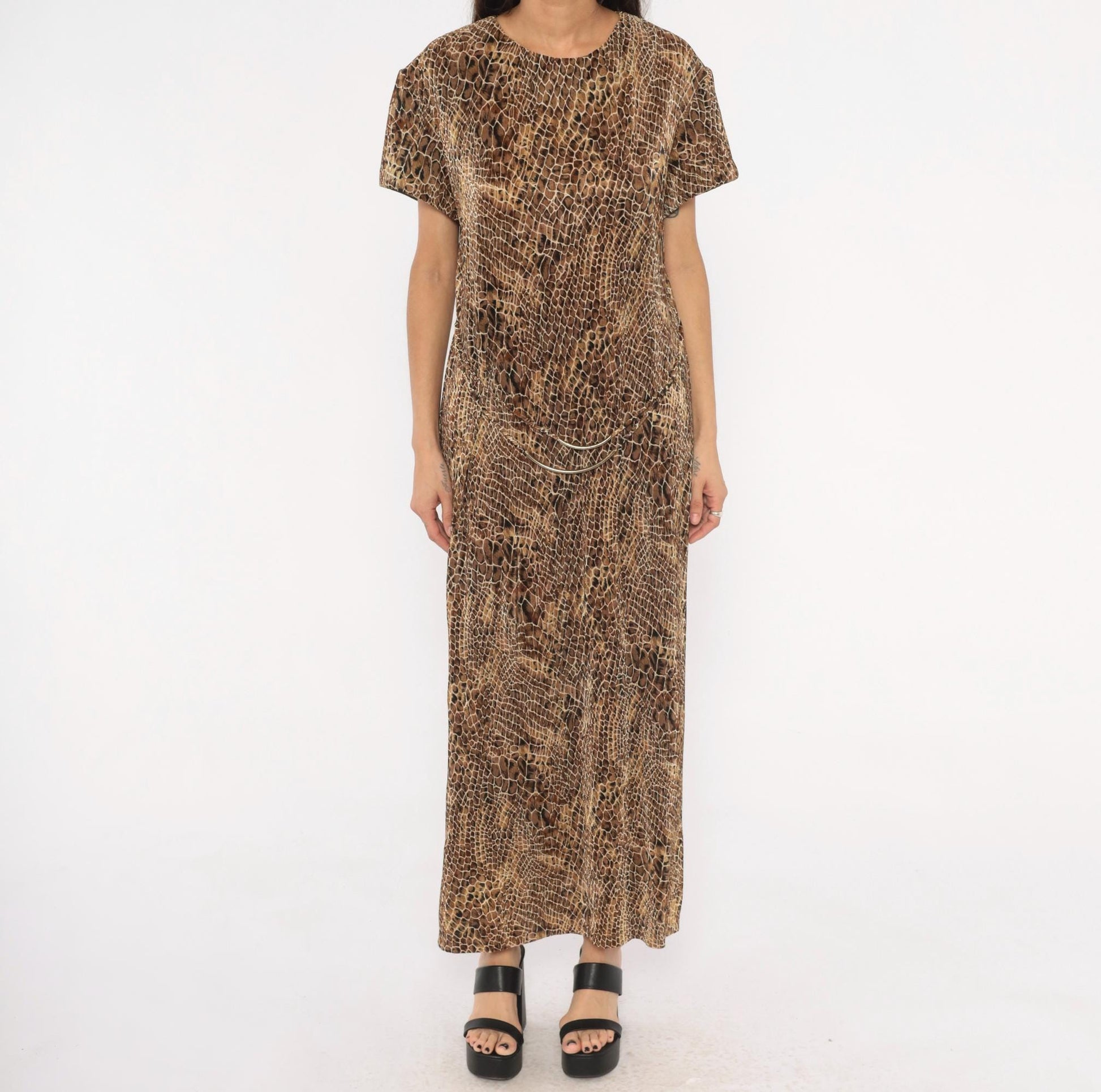 90s Scarlett Snakeskin Maxi Dress Brown Tan Black Animal Print Shift Extra Large