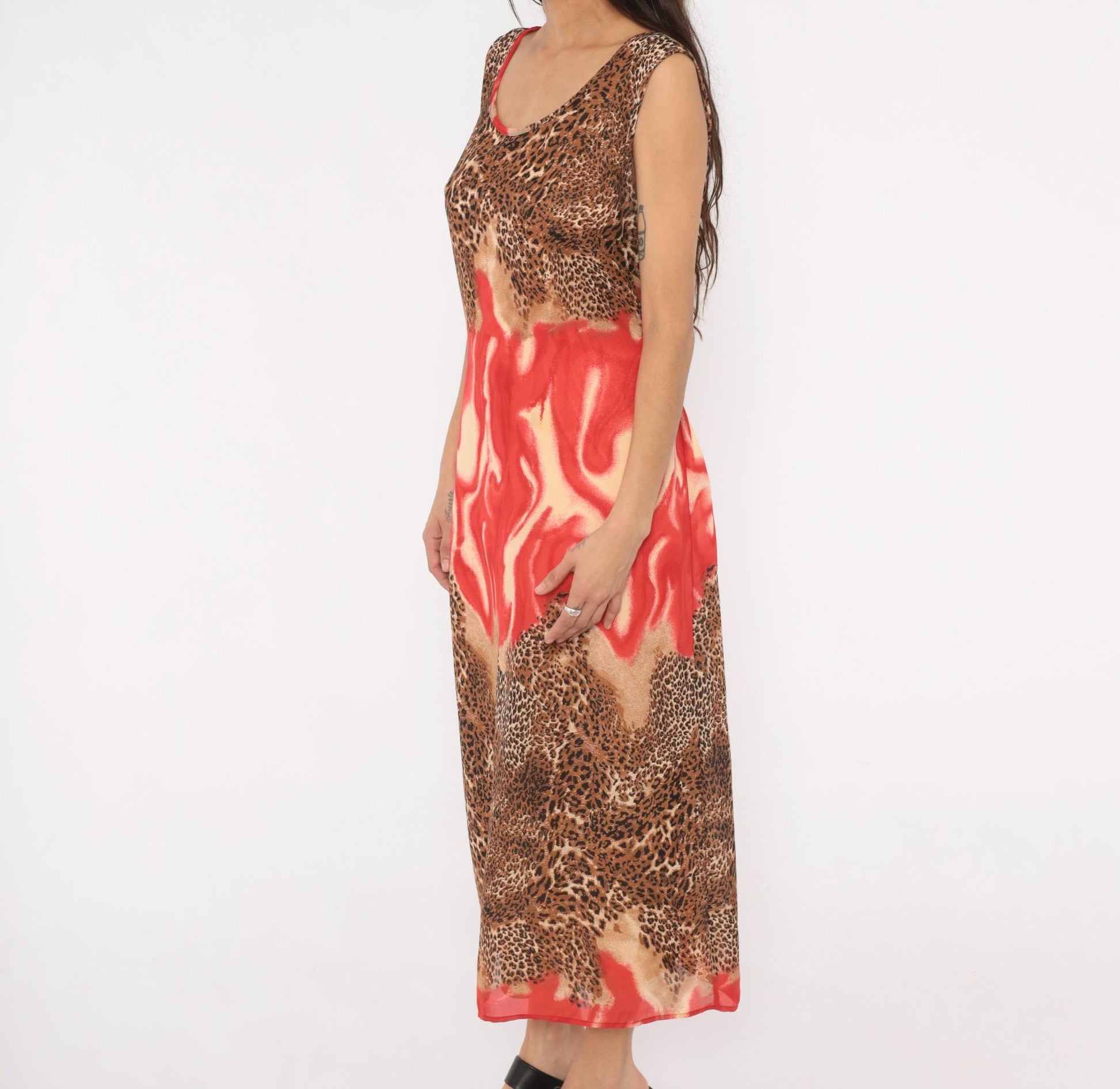 90s Leopard Flame Print Maxi Dress Sleeveless Scoop Neck Chiffon Tie Back XXL