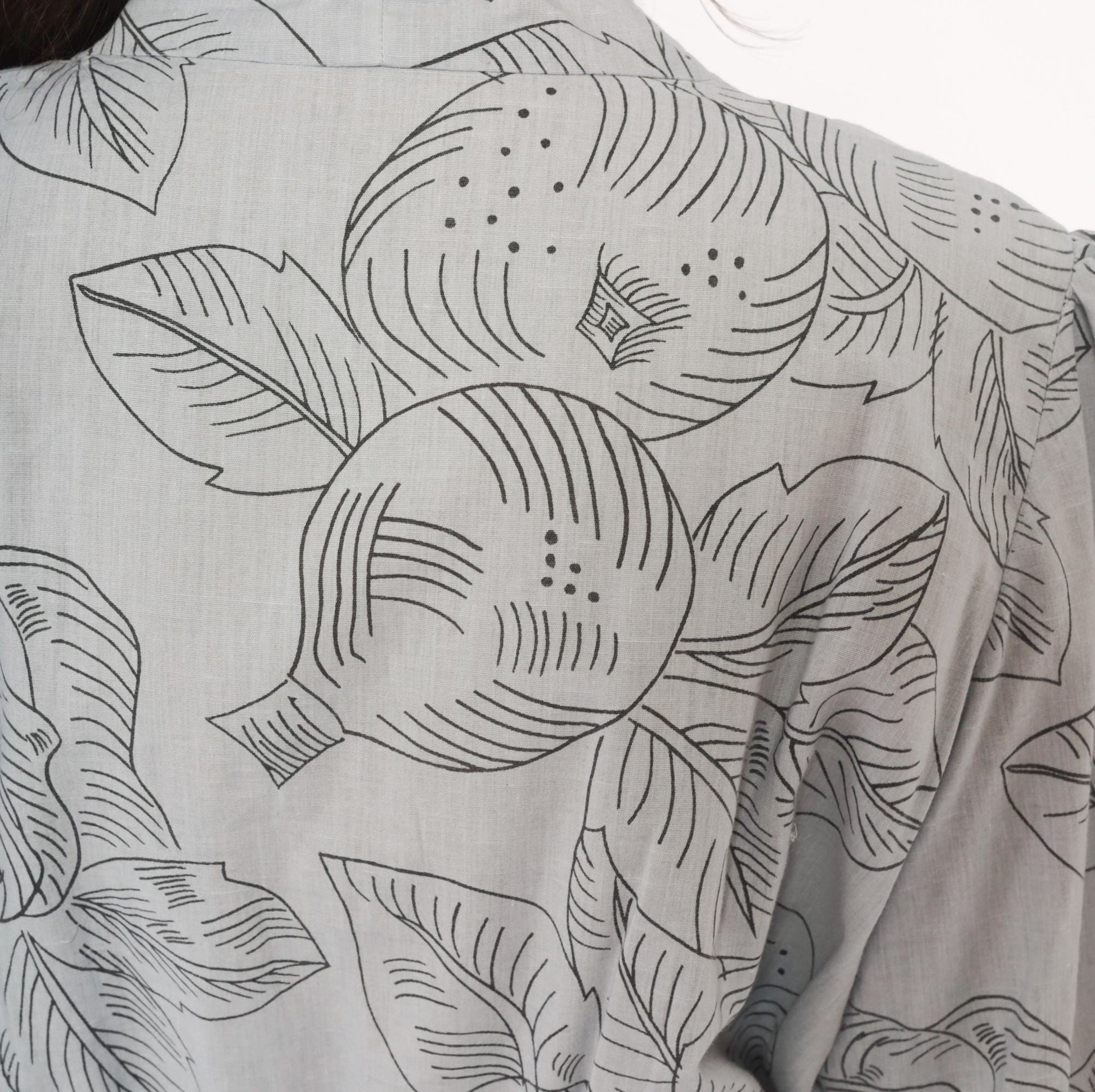 80s Botanical Leaf Print Grey Cotton Tie Neck Dress Puff Sleeve Small Medium