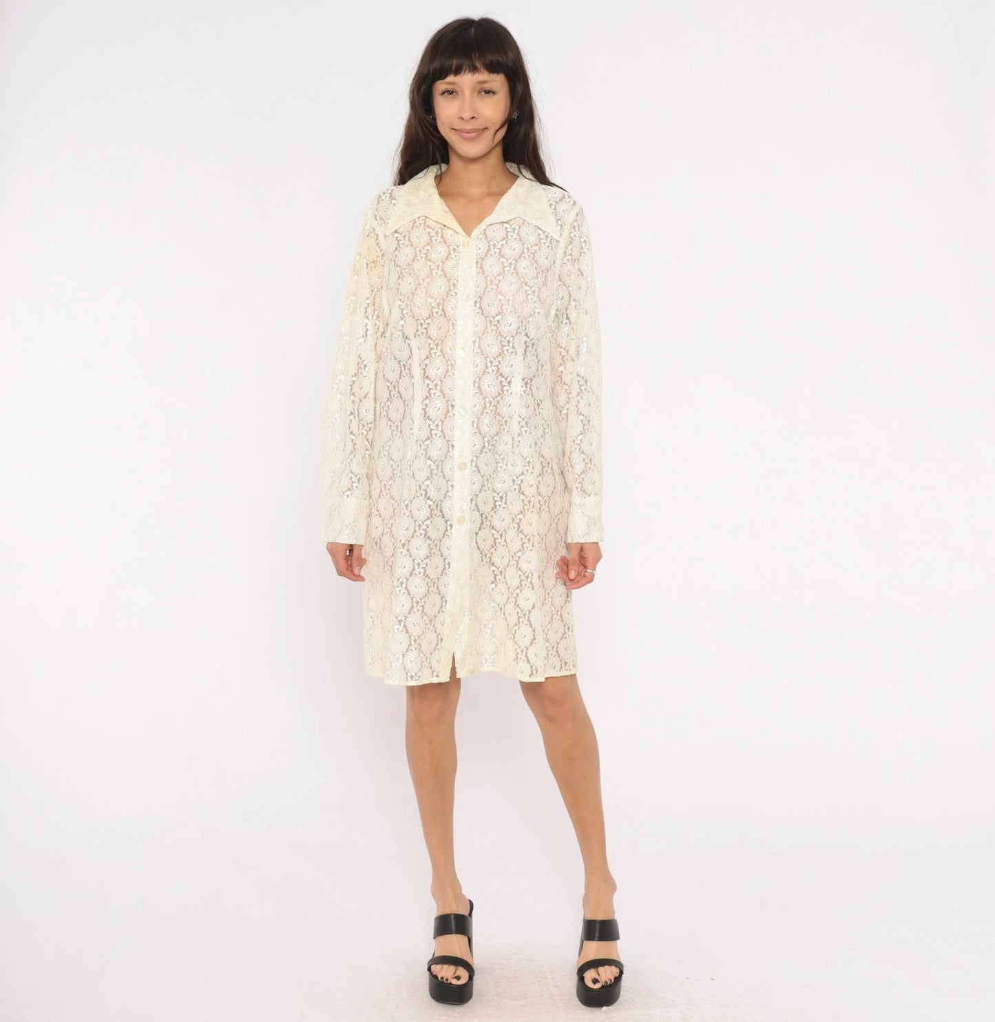 90s Deparis Cream Floral Lace Shirt Dress Knee Length Collared Large