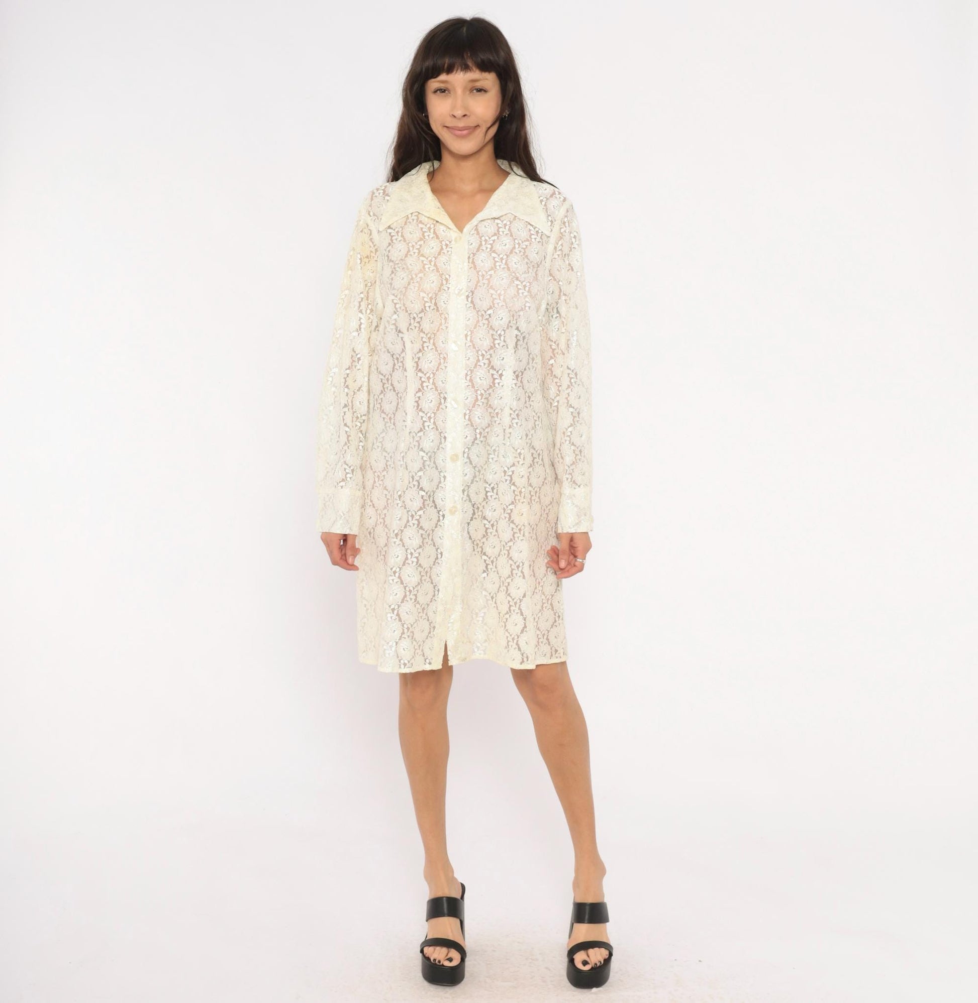 90s Deparis Cream Floral Lace Shirt Dress Knee Length Collared Large