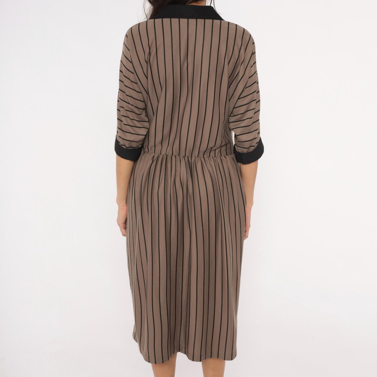 80s Studio Petites Striped Wrap Midi Dress Taupe Black Notched Collar Petite 14P