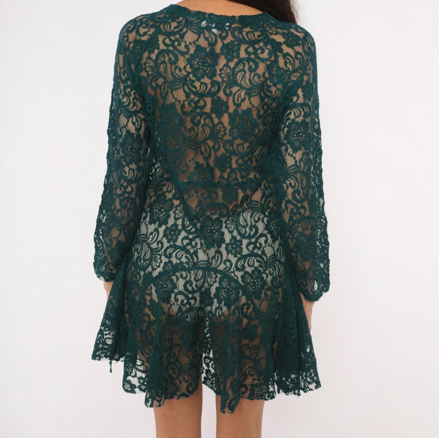 90s Adore Forest Green Lace Mini Dress V Neck Long Sleeve A Line Medium M