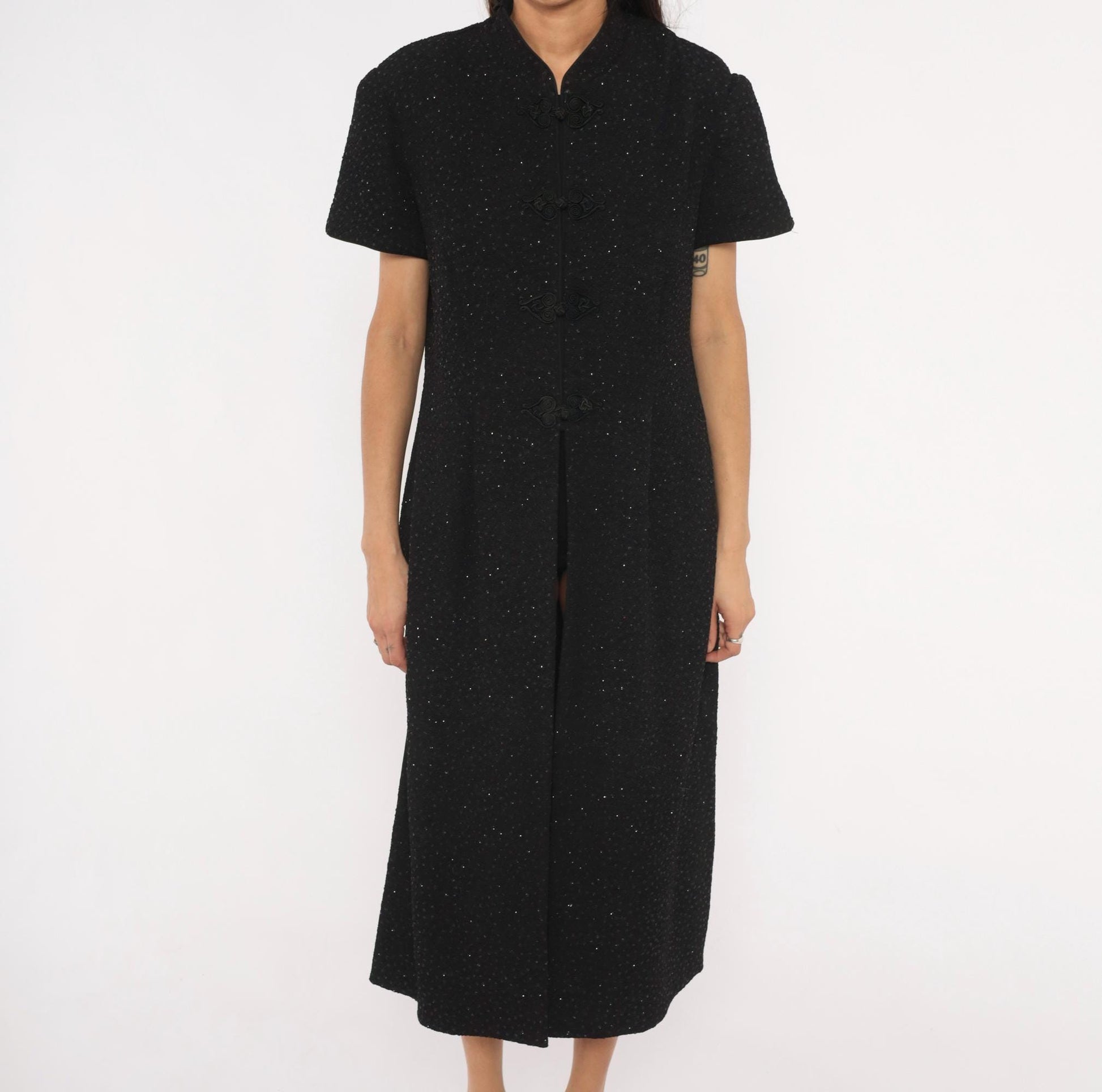 90s R&M Richards Black Glitter Cheongsam Midi Dress Frog Closure Mandarin Collar Extra Large
