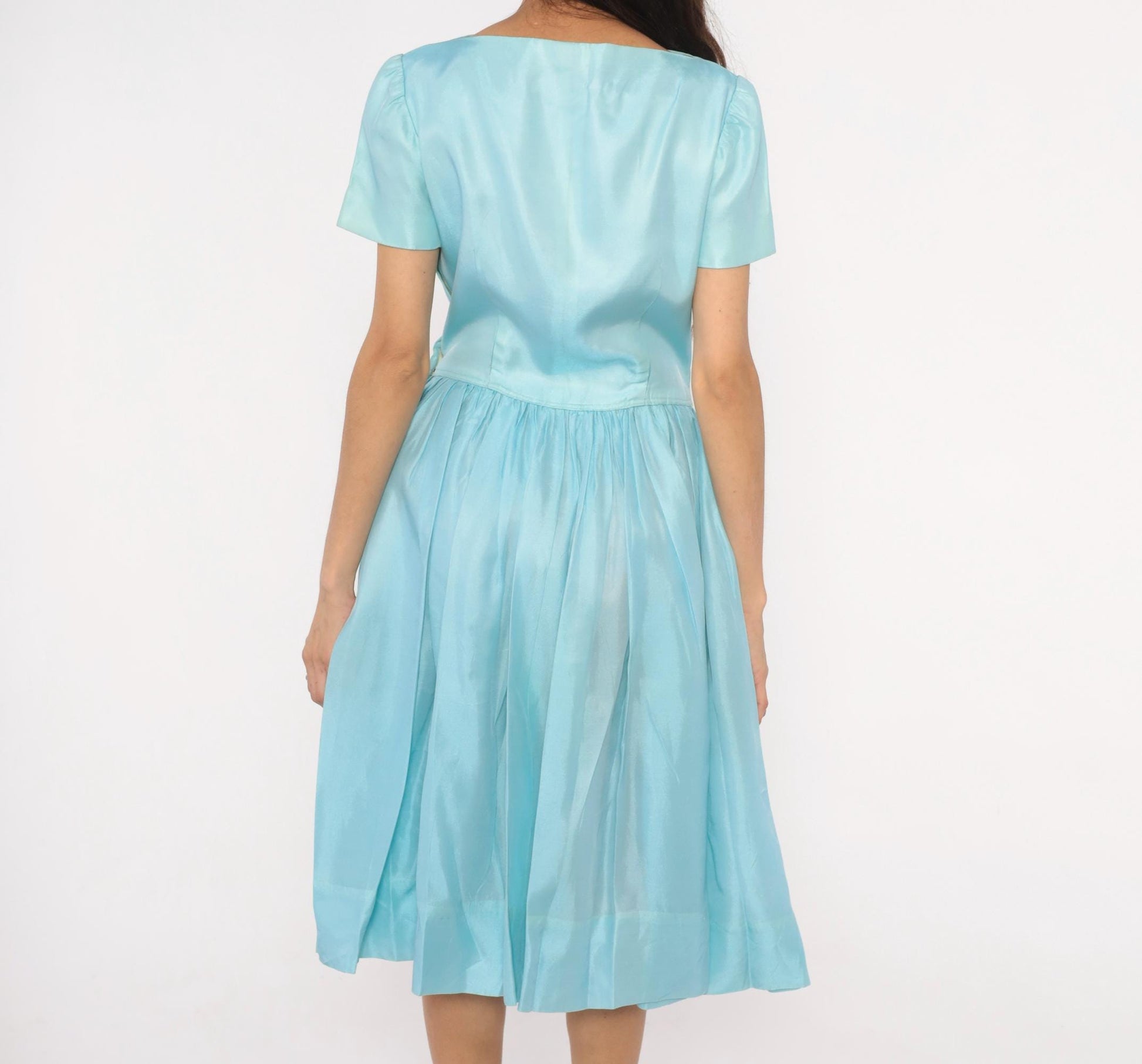 60s Baby Blue Fit-and-Flare Dress Basque Waist Pleated Knee-Length Large L