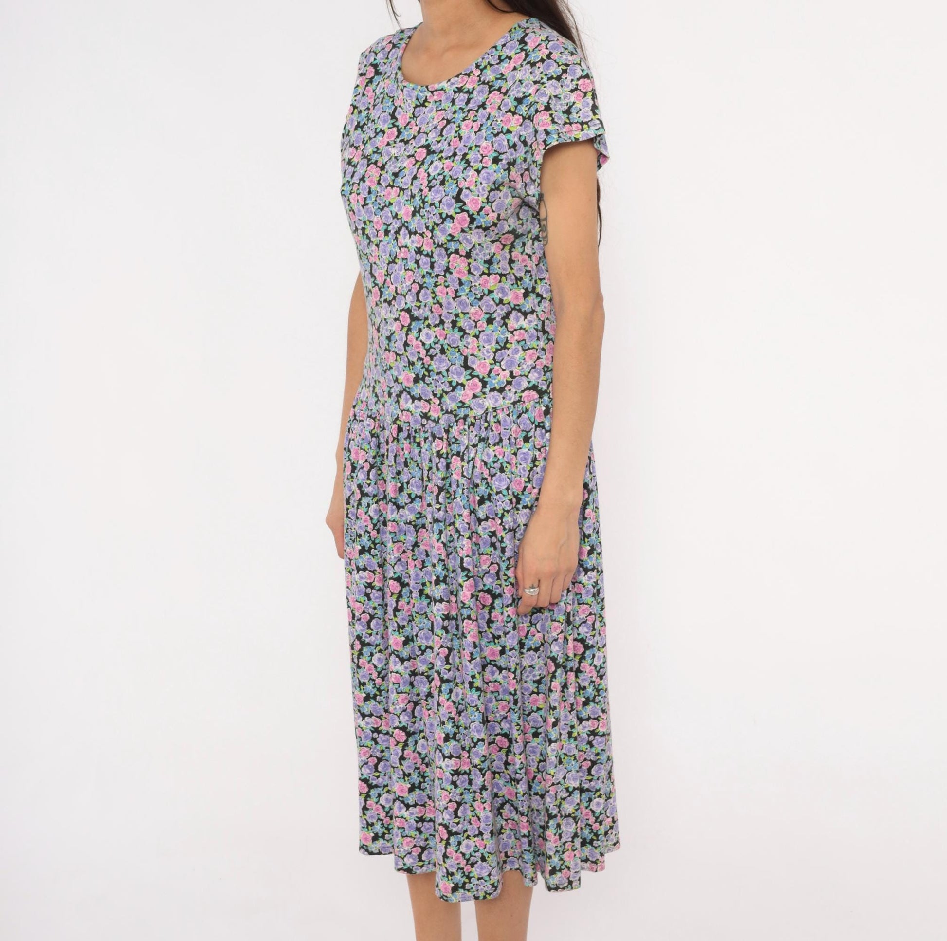 90s Sunshine Starshine Floral Midi Dress Purple Pink Rose Cap Sleeve Large