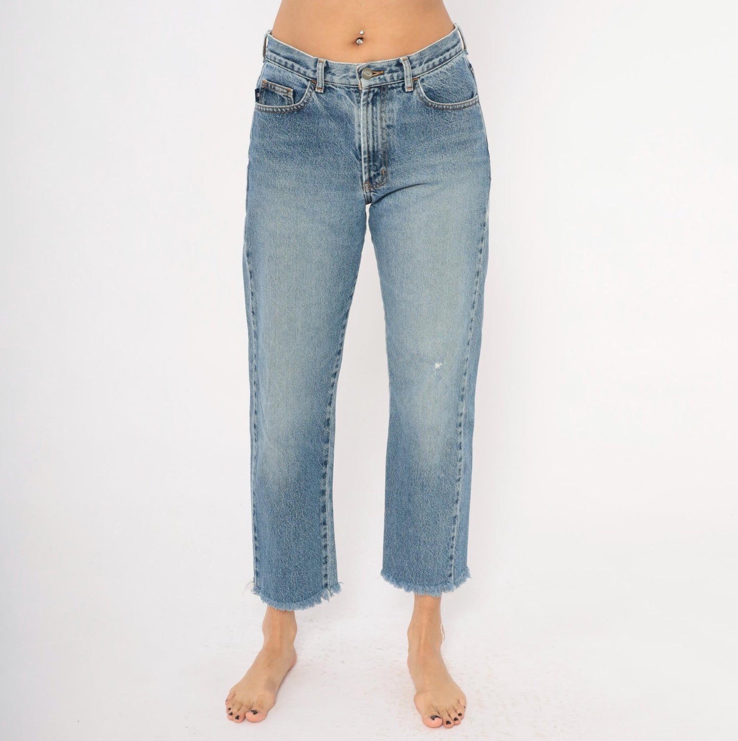 Y2K Bongo Cropped Jeans High Rise Straight Leg Raw Hem Blue Denim Small