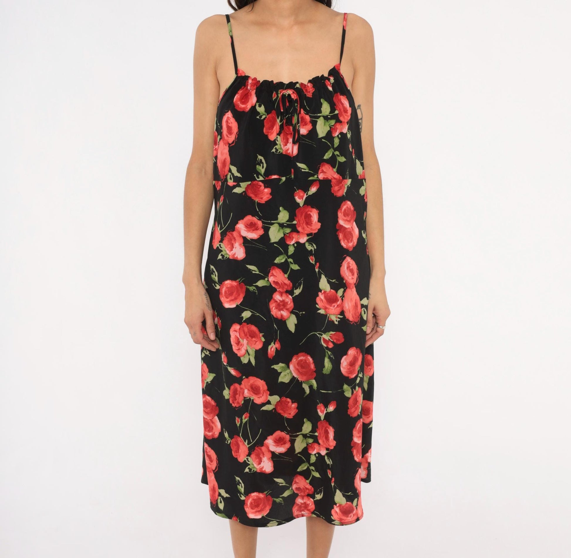 90s Chesley Rose Print Slip Dress Black Midi Spaghetti Strap Open Back Extra Large