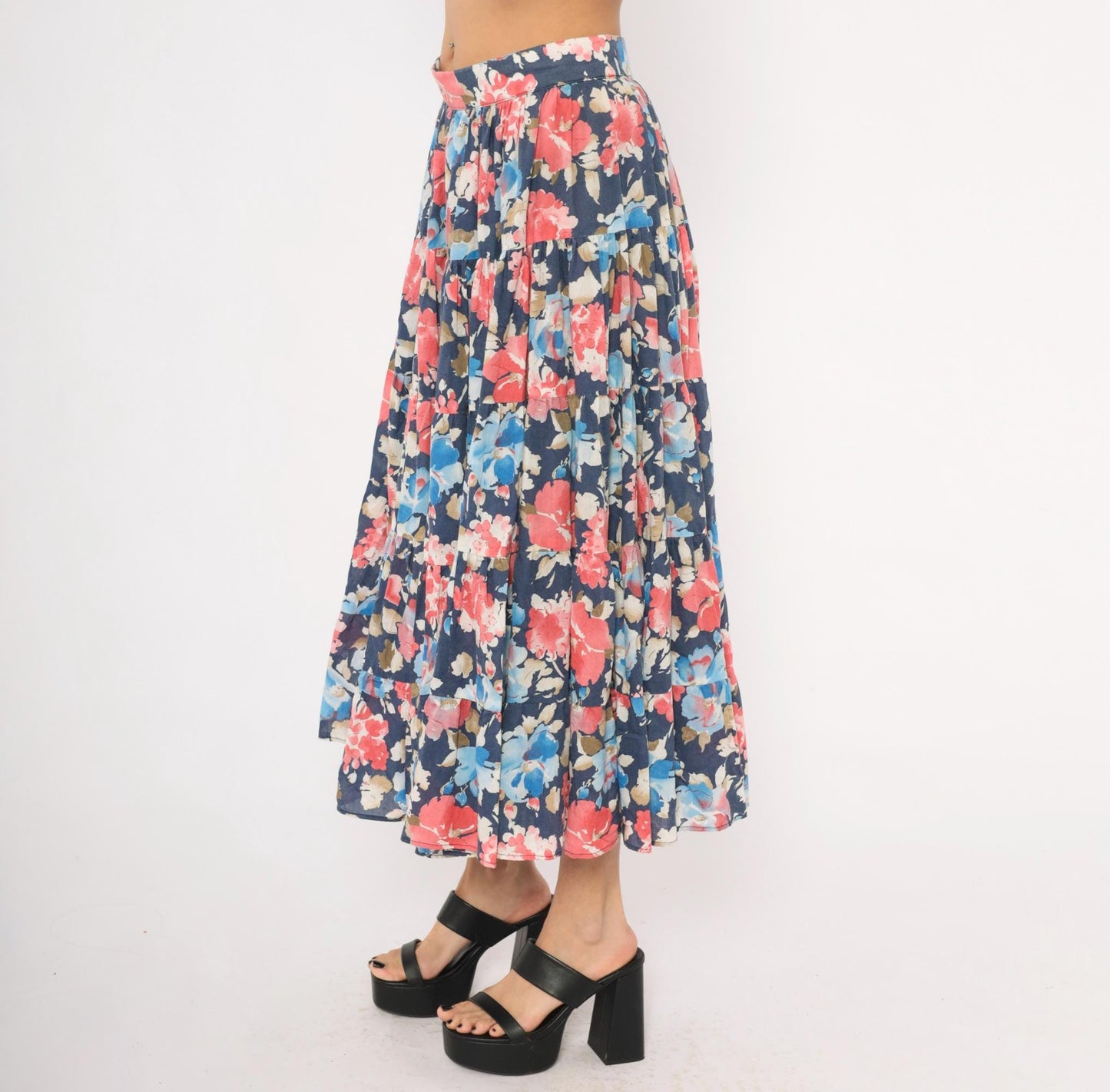 80s Navy Floral Tiered Cotton Midi Skirt Watercolor Print Large L