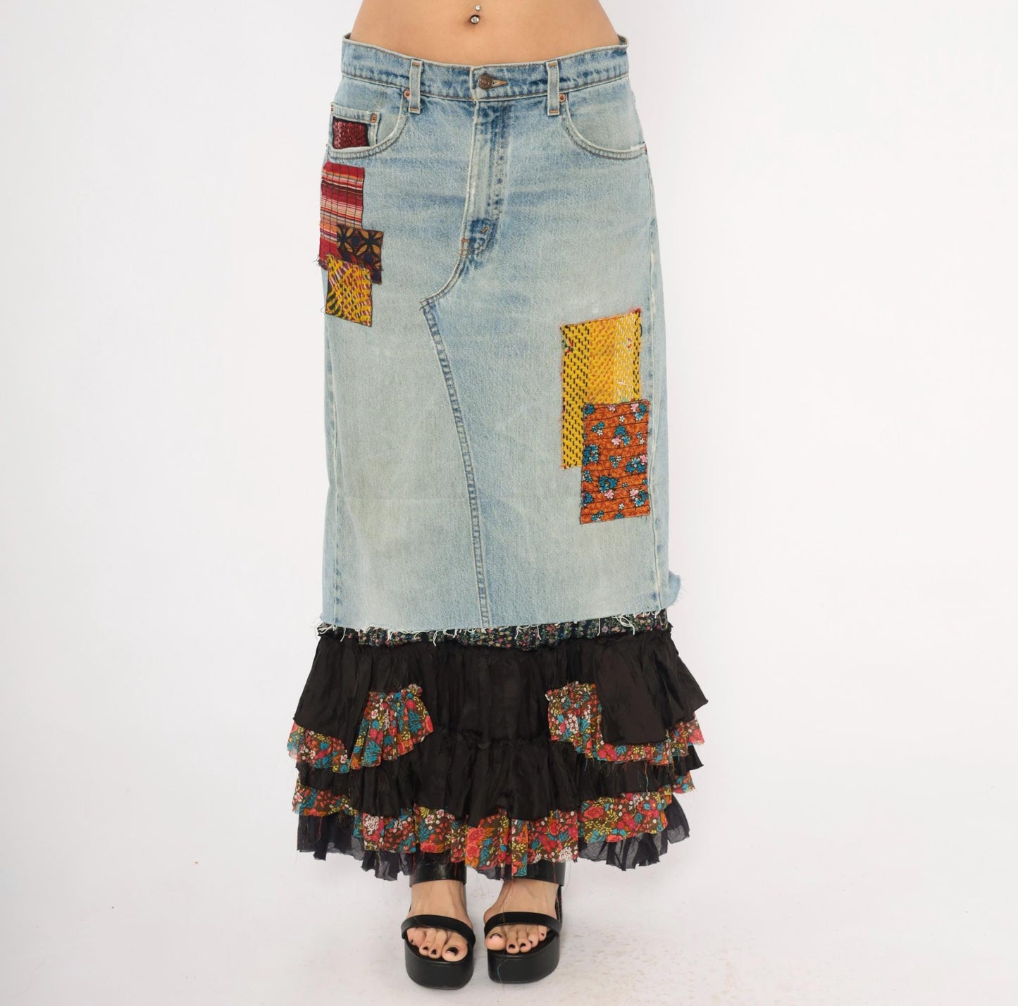 00s FP One Free People Patchwork Denim Maxi Skirt Light Wash Ruffled Small