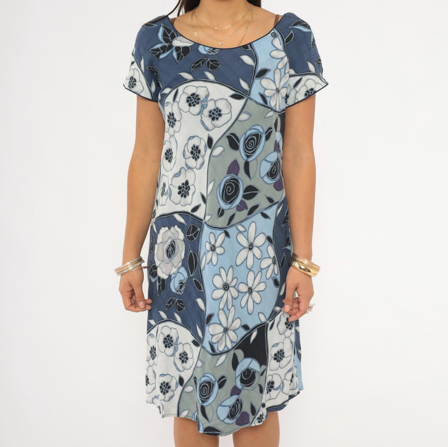 Y2K Iolani Patchwork Floral Mini Dress Navy Sky Blue Rayon Small