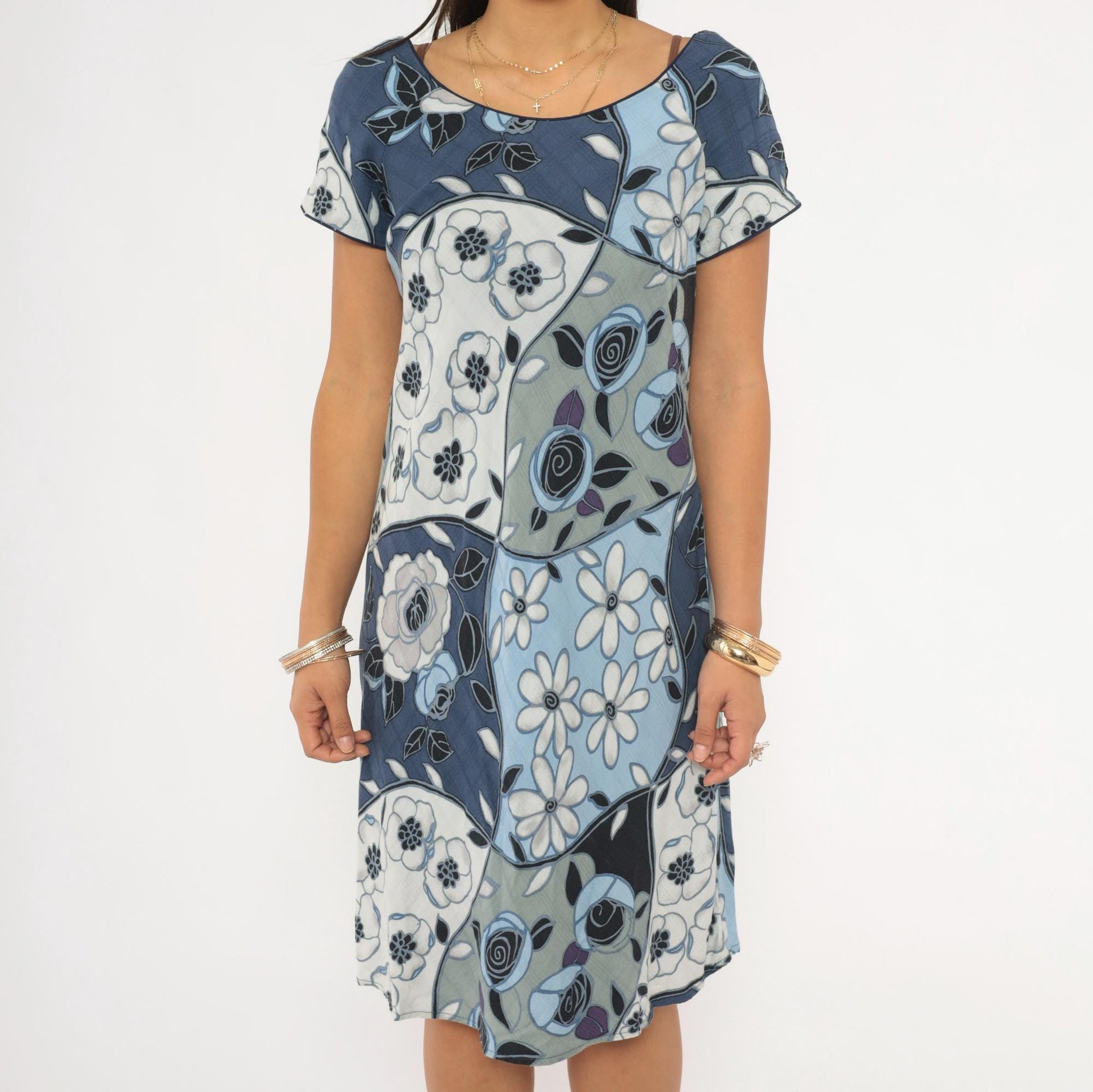 Y2K Iolani Patchwork Floral Mini Dress Navy Sky Blue Rayon Small