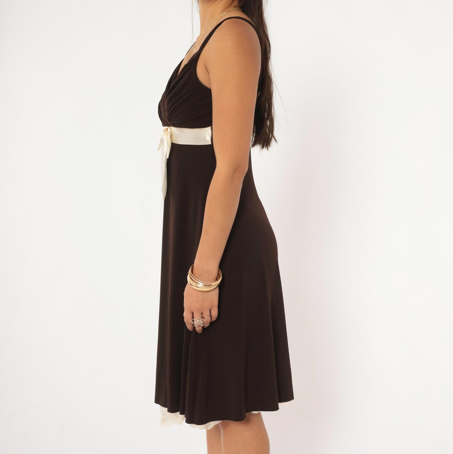 Y2K My Michelle Chocolate Brown Mini Dress Satin Bow Empire Waist Medium M