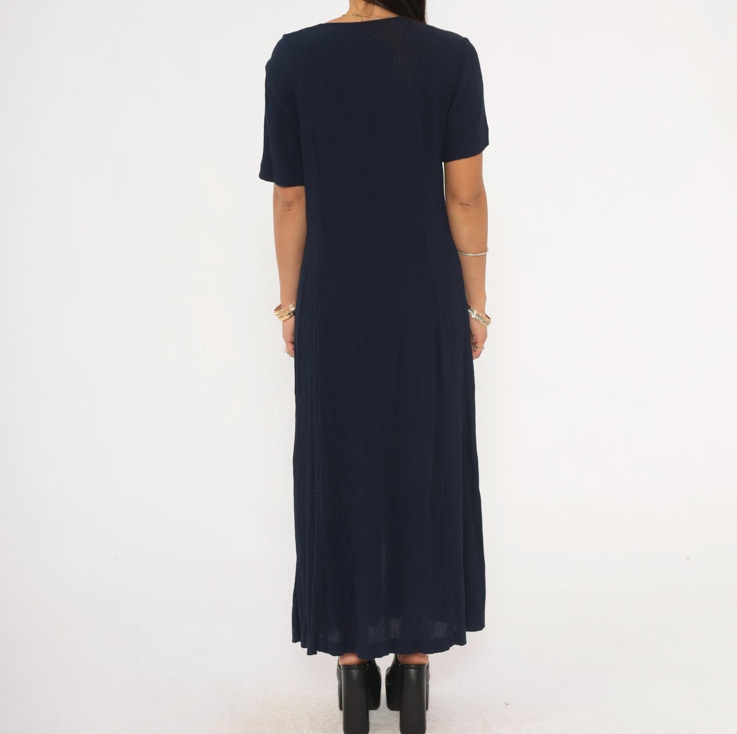 90s Fashion Bug Navy Maxi Dress Floral Embroidery Button Front Medium Large