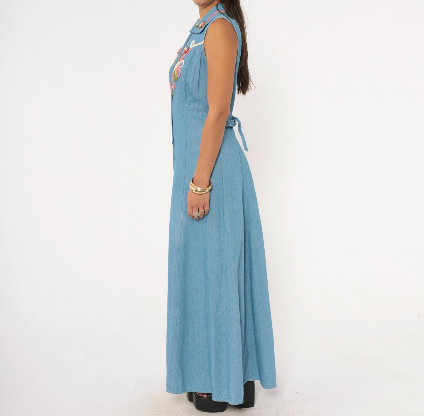 90s Midnite Light Blue Denim Maxi Dress Floral Embroidery Collared Medium M