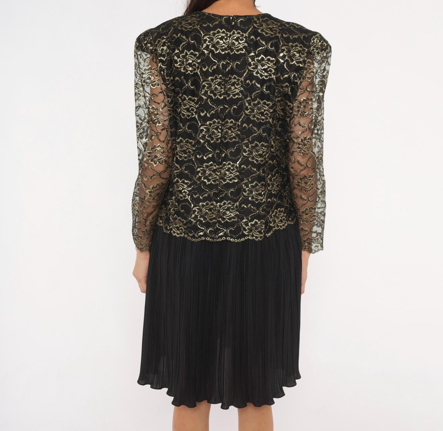 90s Good Times Black Gold Lace Overlay Dress Pleated Skirt Drop Waist Large L