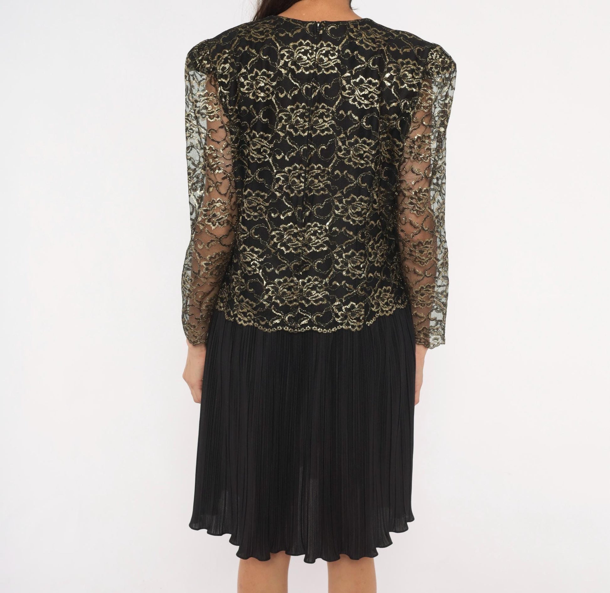 90s Good Times Black Gold Lace Overlay Dress Pleated Skirt Drop Waist Large L