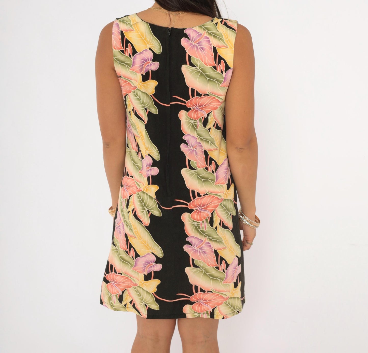 90s Kalaheo Hawaiian Shift Dress Black Tropical Floral Mini Small S