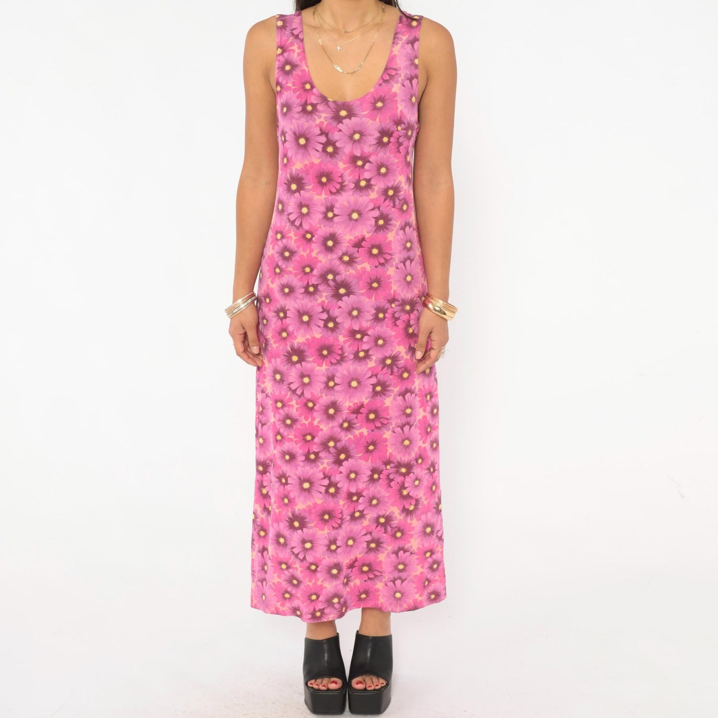 90s Pacific Palm Pink Floral Maxi Dress Daisy Tank Scoop Neck Medium M