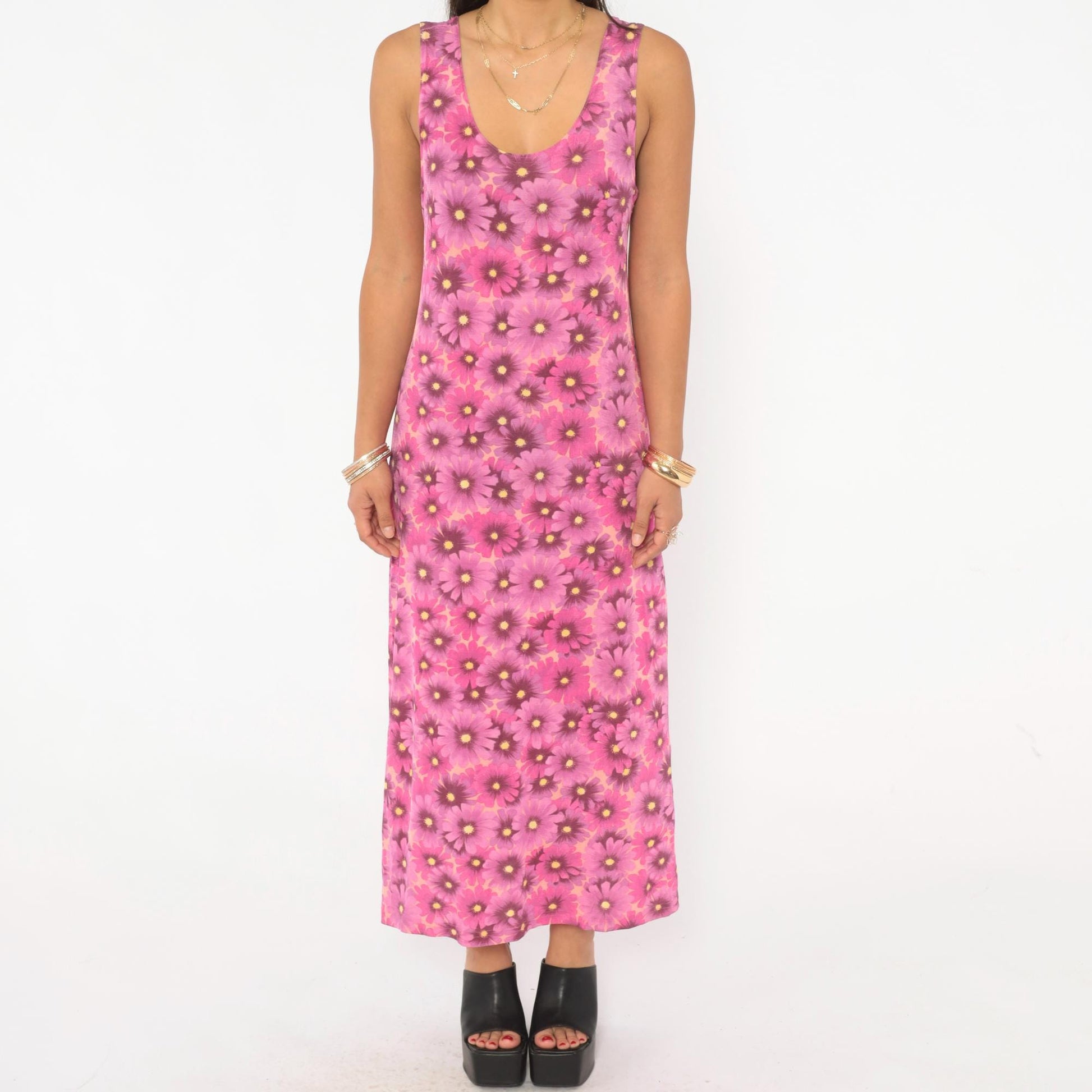 90s Pacific Palm Pink Floral Maxi Dress Daisy Tank Scoop Neck Medium M