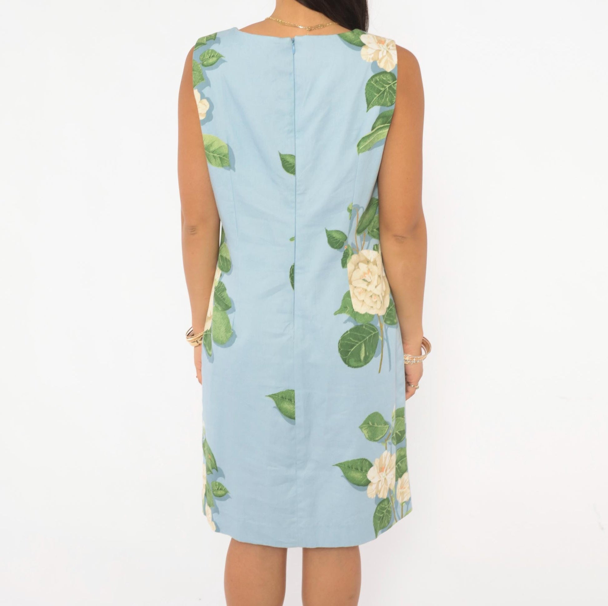 2000s Chris Kellogg Sky Blue Floral Shift Dress Botanical Rose Print Knee Length Medium M