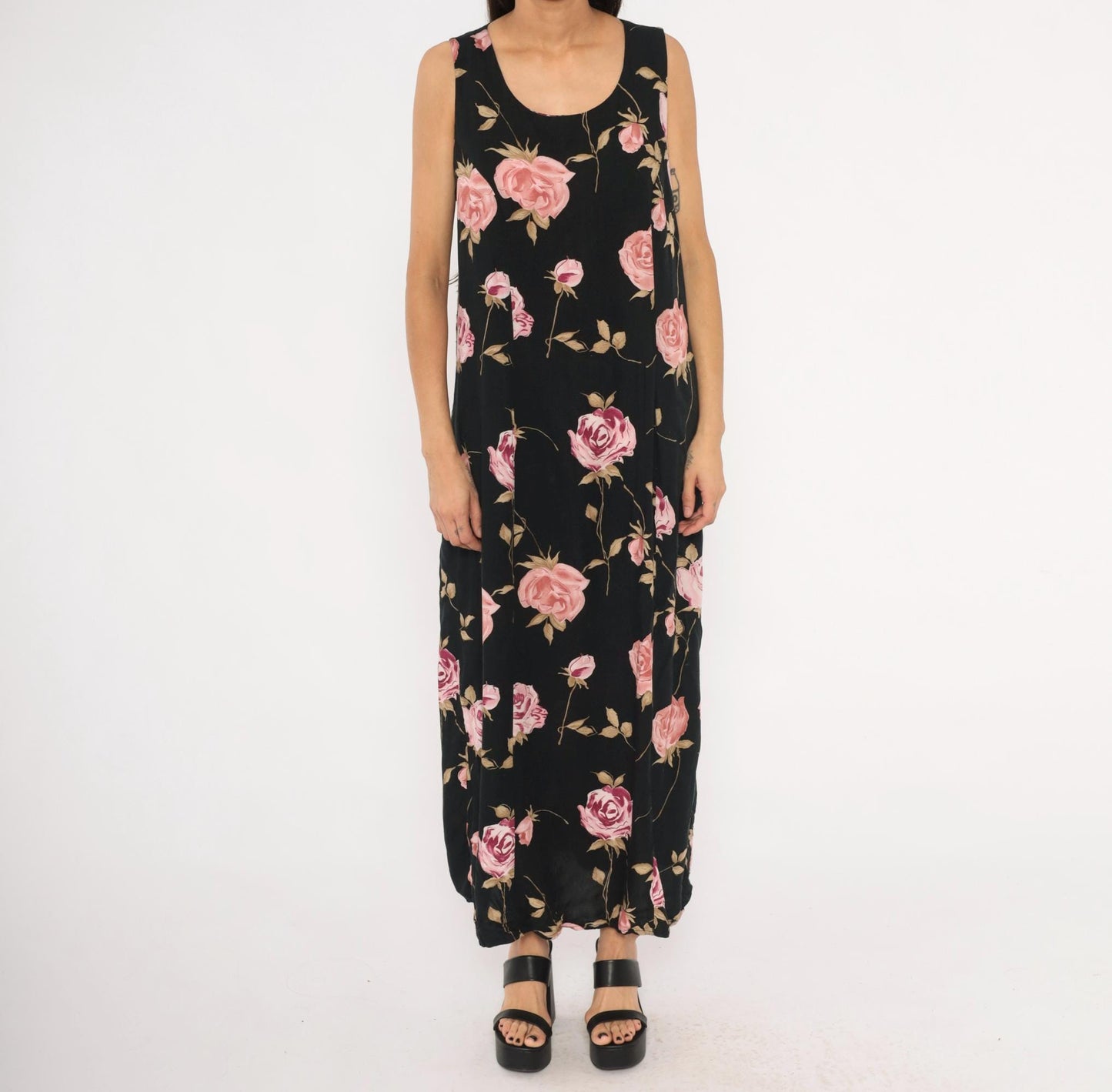 90s Jodi Michaels Rose Print Maxi Dress Black Pink Sleeveless Large L