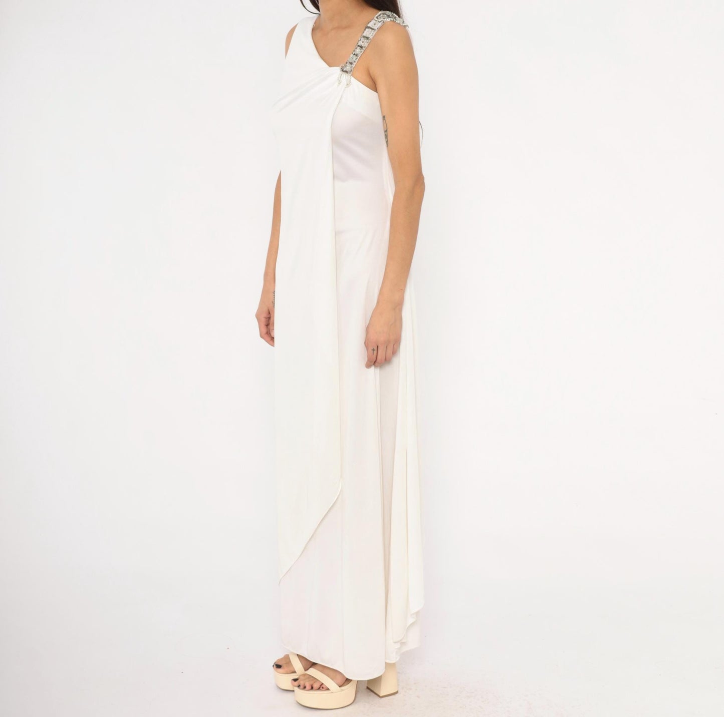 70s White Maxi Gown Asymmetrical Neckline Beaded Crystal Strap Small