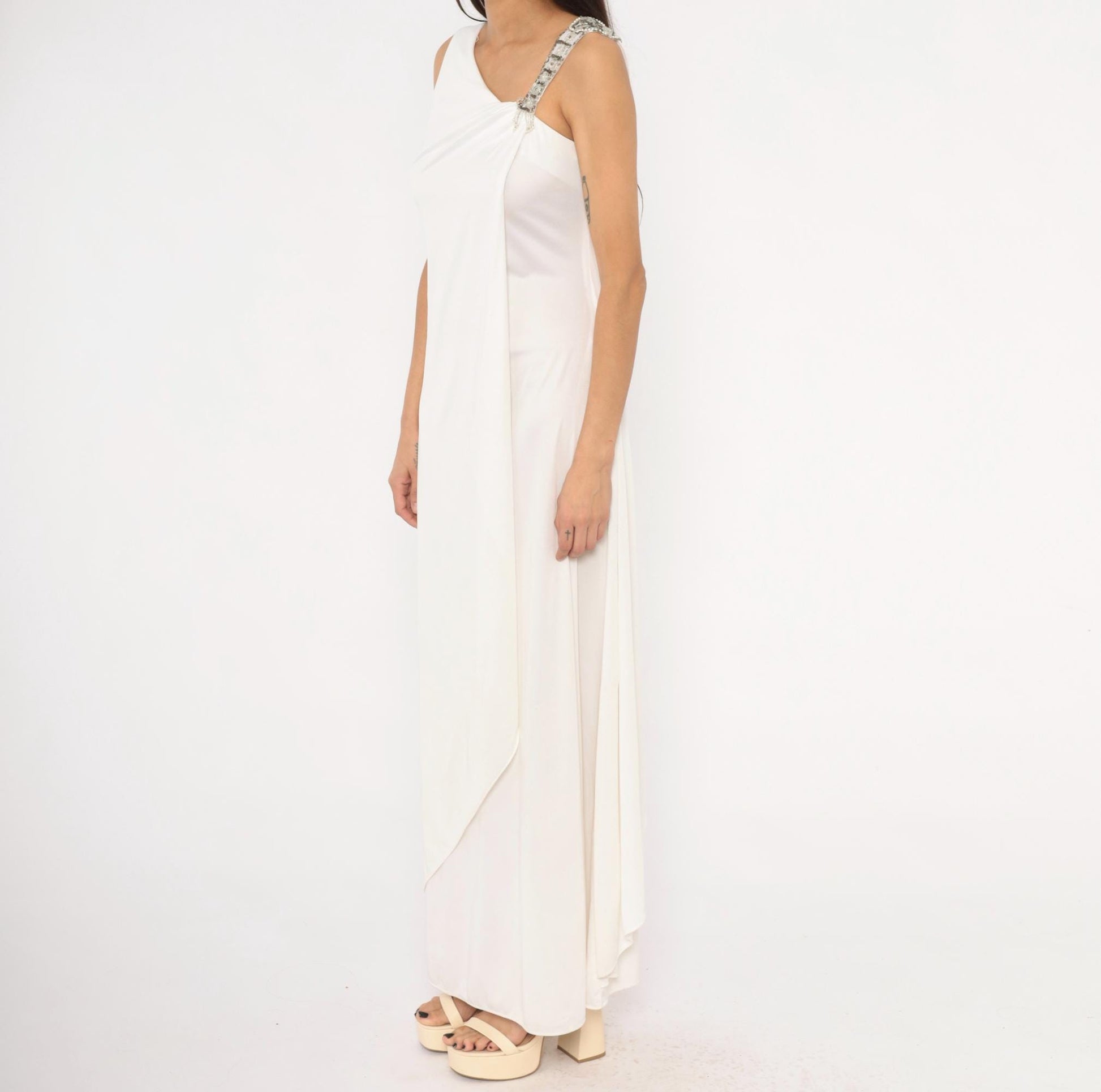70s White Maxi Gown Asymmetrical Neckline Beaded Crystal Strap Small
