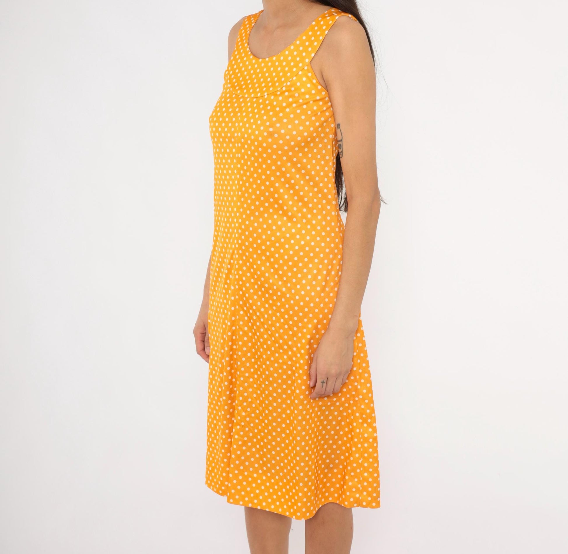 70s Yellow White Polka Dot Sundress Empire Waist Tank Small