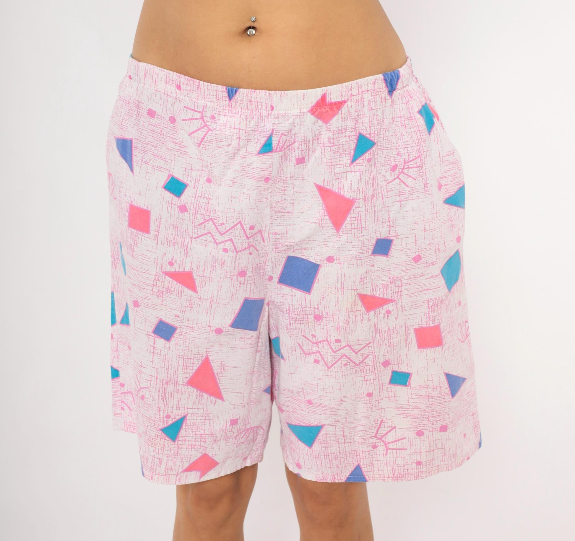 80s Geometric Triangle Shorts Pink Teal Blue Cotton Knee-Length Medium