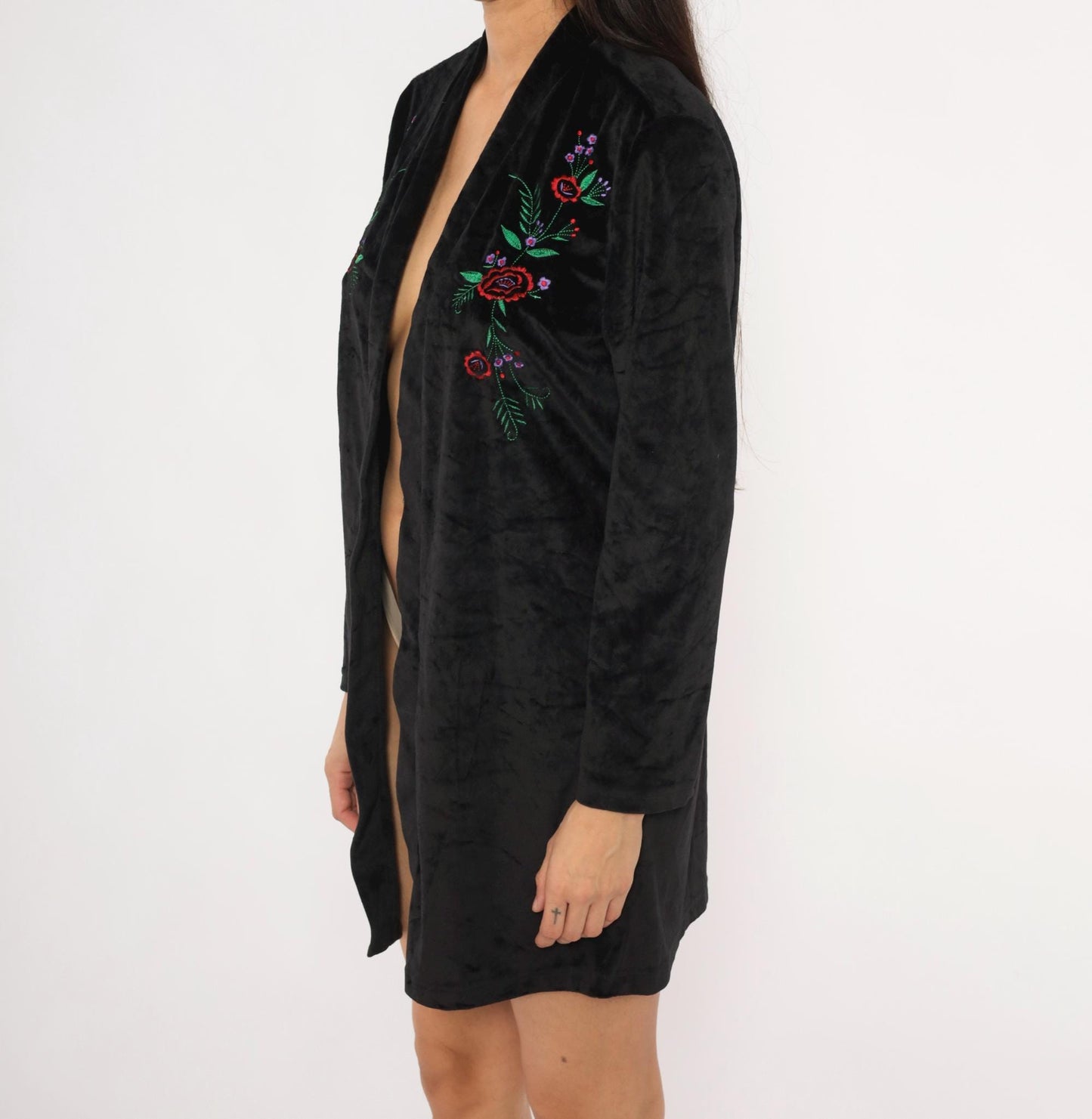 80s Blair Black Velvet Kimono Duster Embroidered Floral Rose Medium M