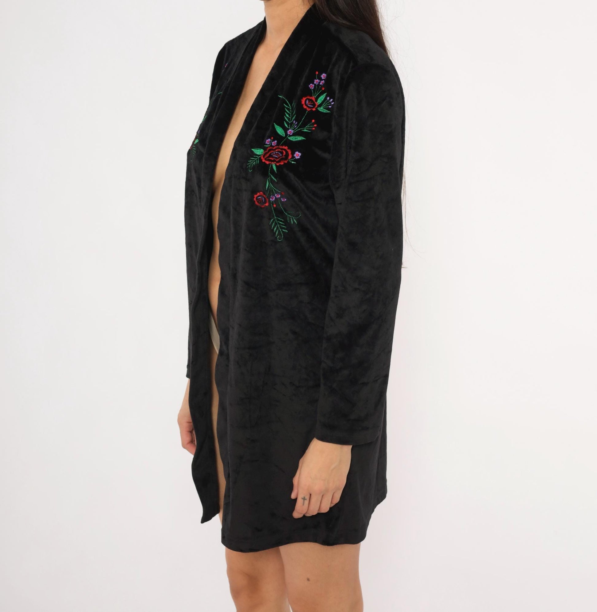 80s Blair Black Velvet Kimono Duster Embroidered Floral Rose Medium M