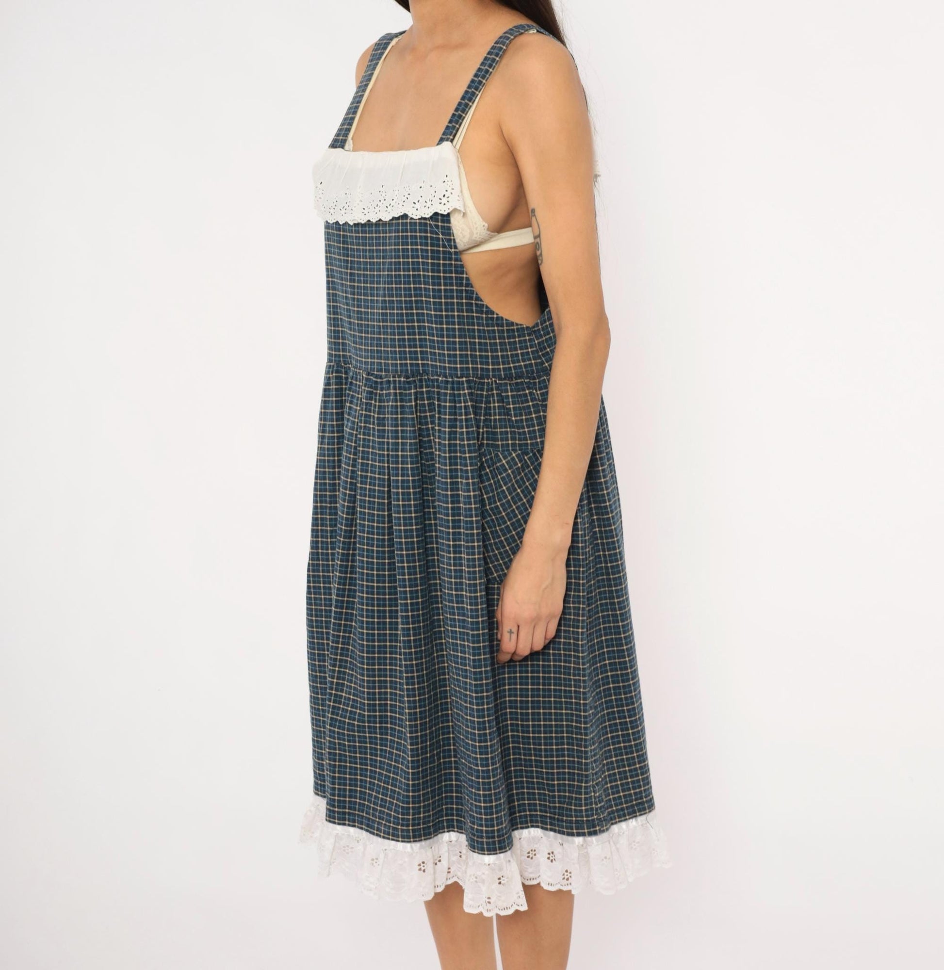 80s Navy Tan Plaid Pinafore Sundress Cotton Eyelet Lace Knee Medium