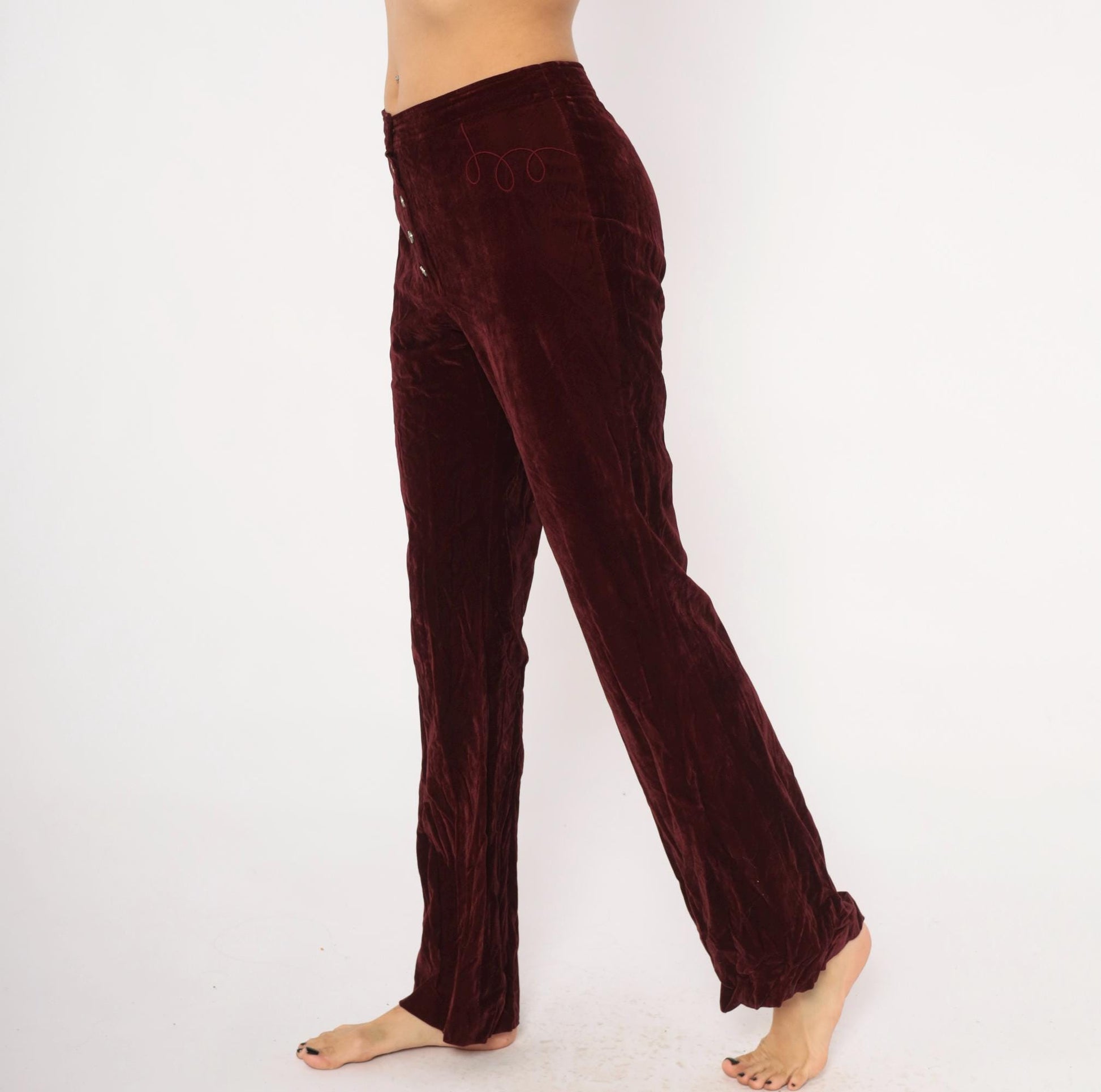 70s Burgundy Crushed Velvet Flare Pants Embroidered Low Rise Medium M