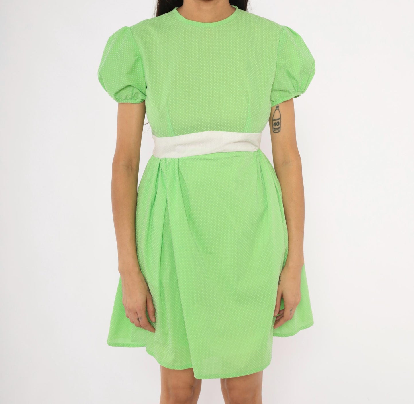 70s Lime Green Polka Dot Puff Sleeve Mini Dress Cotton Bow Waist Small S