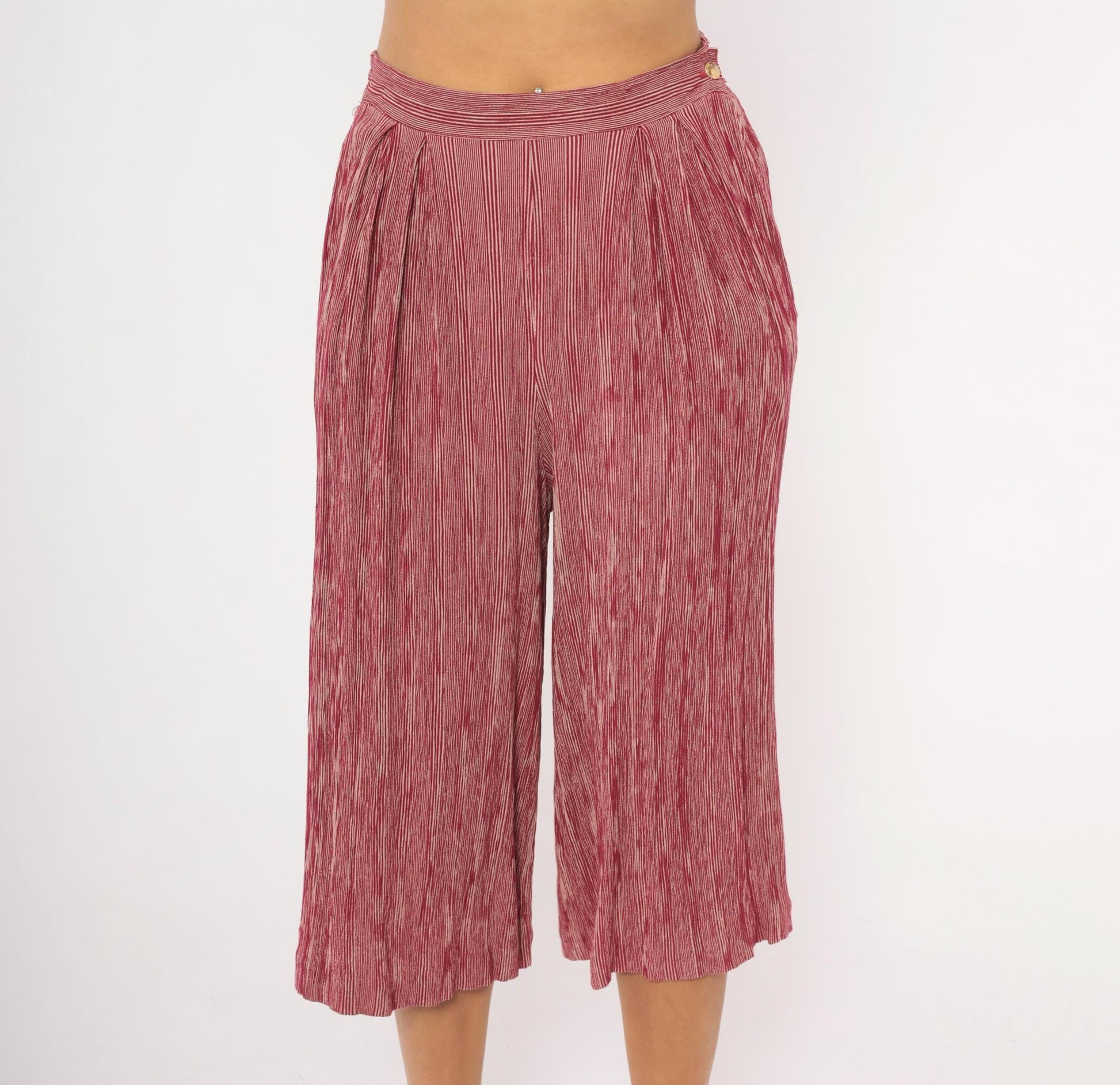 80s Leslie Fay Burgundy Striped Pleated Culottes Wide Leg Cropped Medium