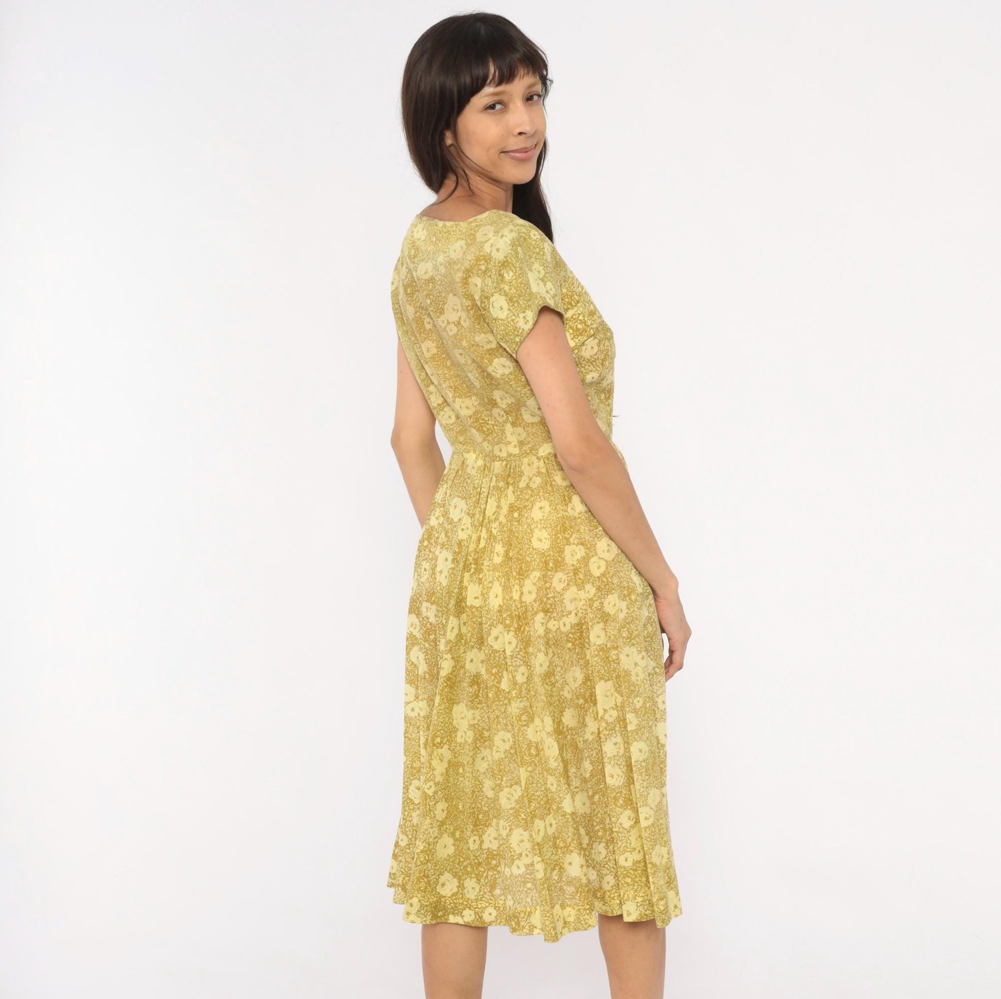 60s Annetta New York Floral Dress Square Neckline Pleated Full Skirt Medium