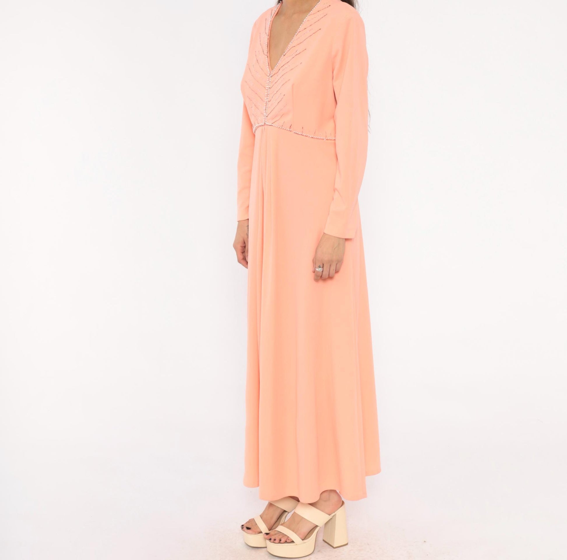 70s Peach Maxi Dress Empire Waist V Neck Beaded Chevron Rhinestone Extra Large